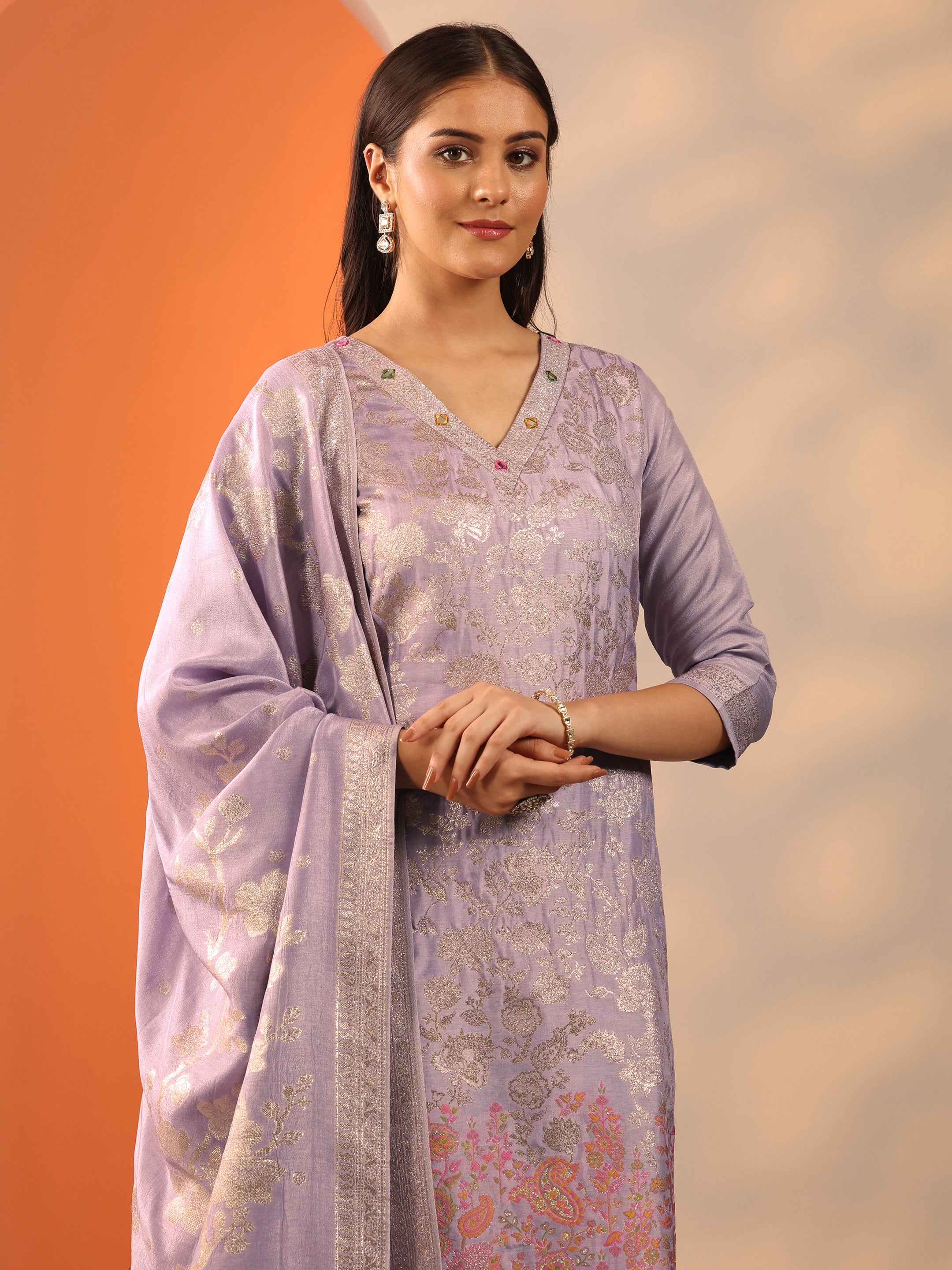 Lavender Woven Design Silk Blend Straight Suit Set With Dupatta