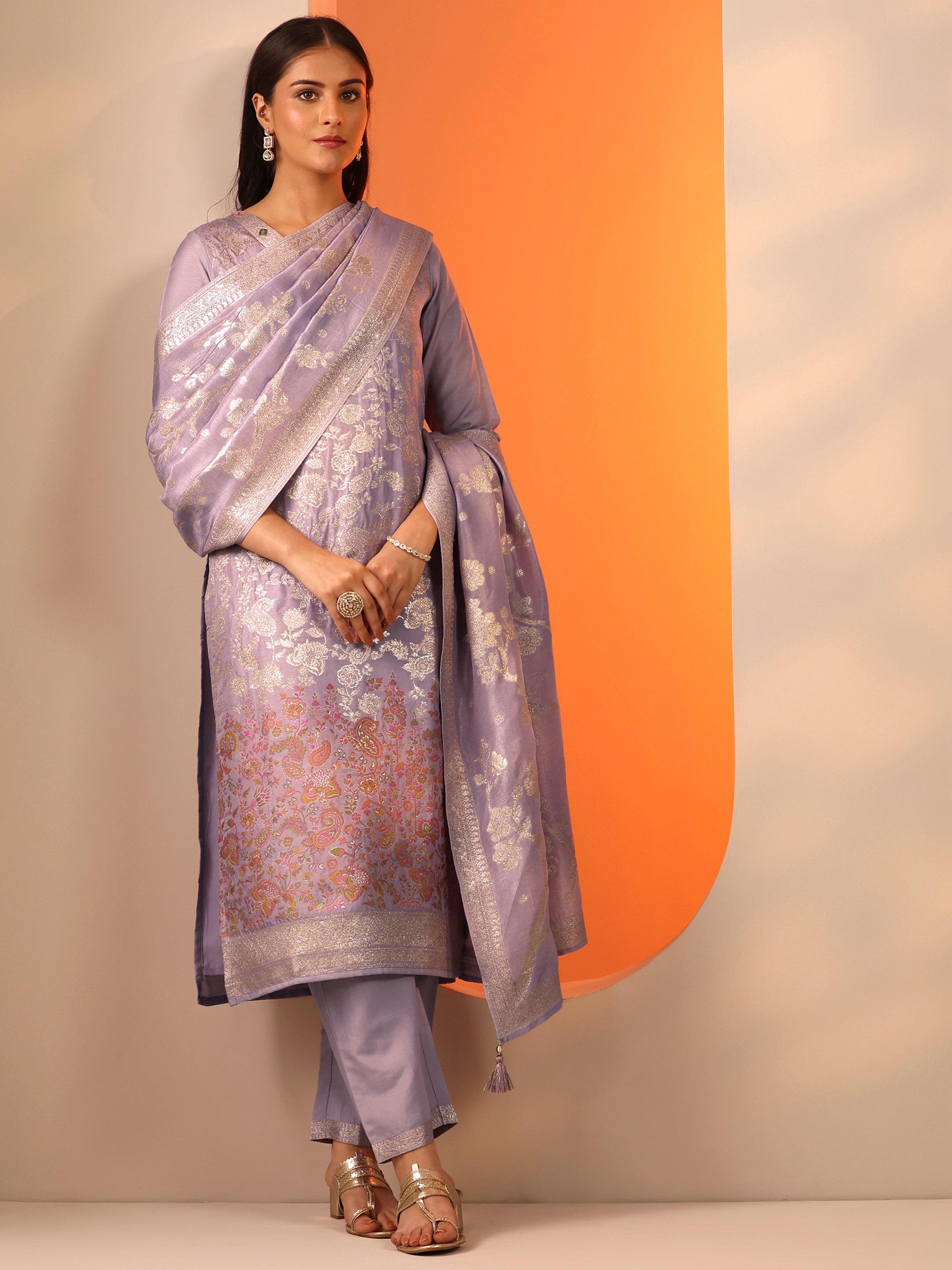 Lavender Woven Design Silk Blend Straight Suit Set With Dupatta