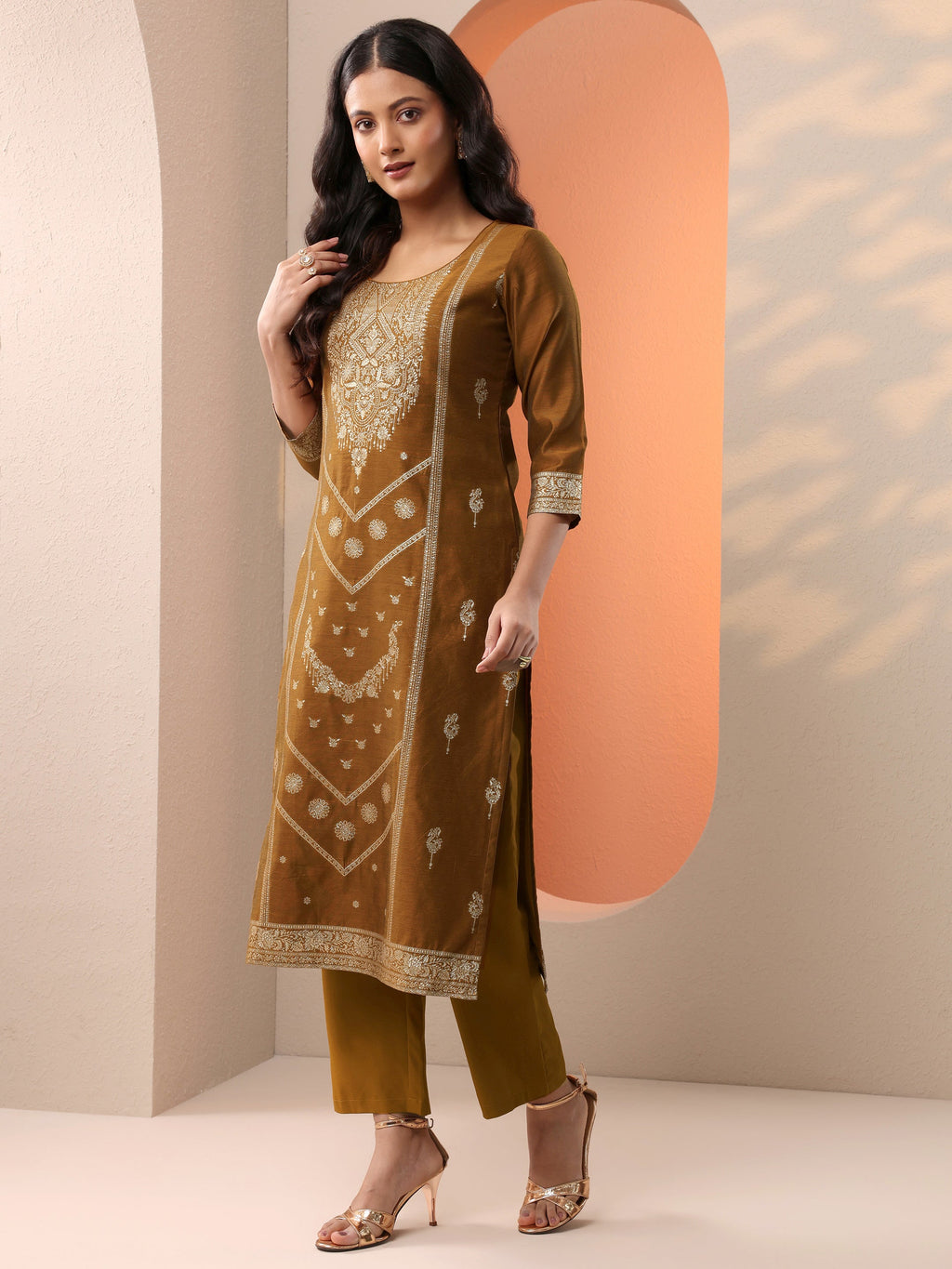 Bronze Woven Design Silk Blend Straight Suit Set With Dupatta