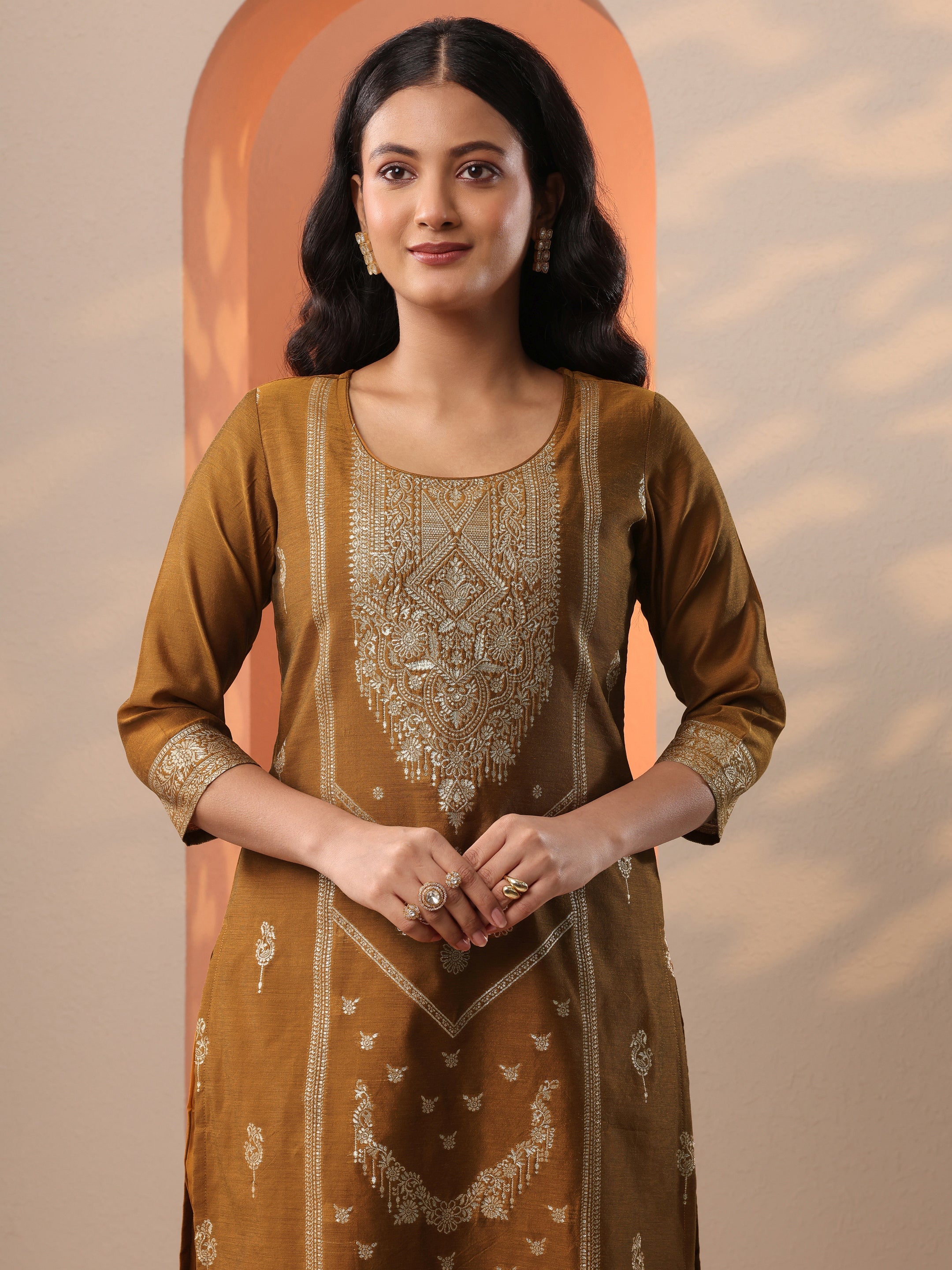 Bronze Woven Design Silk Blend Straight Suit Set With Dupatta