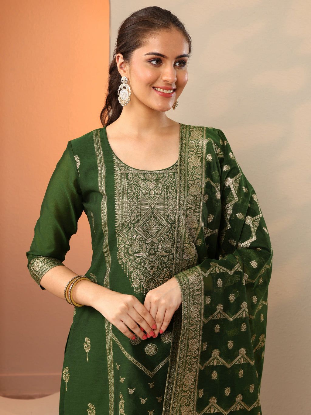 Green Woven Design Silk Blend Straight Suit Set With Dupatta