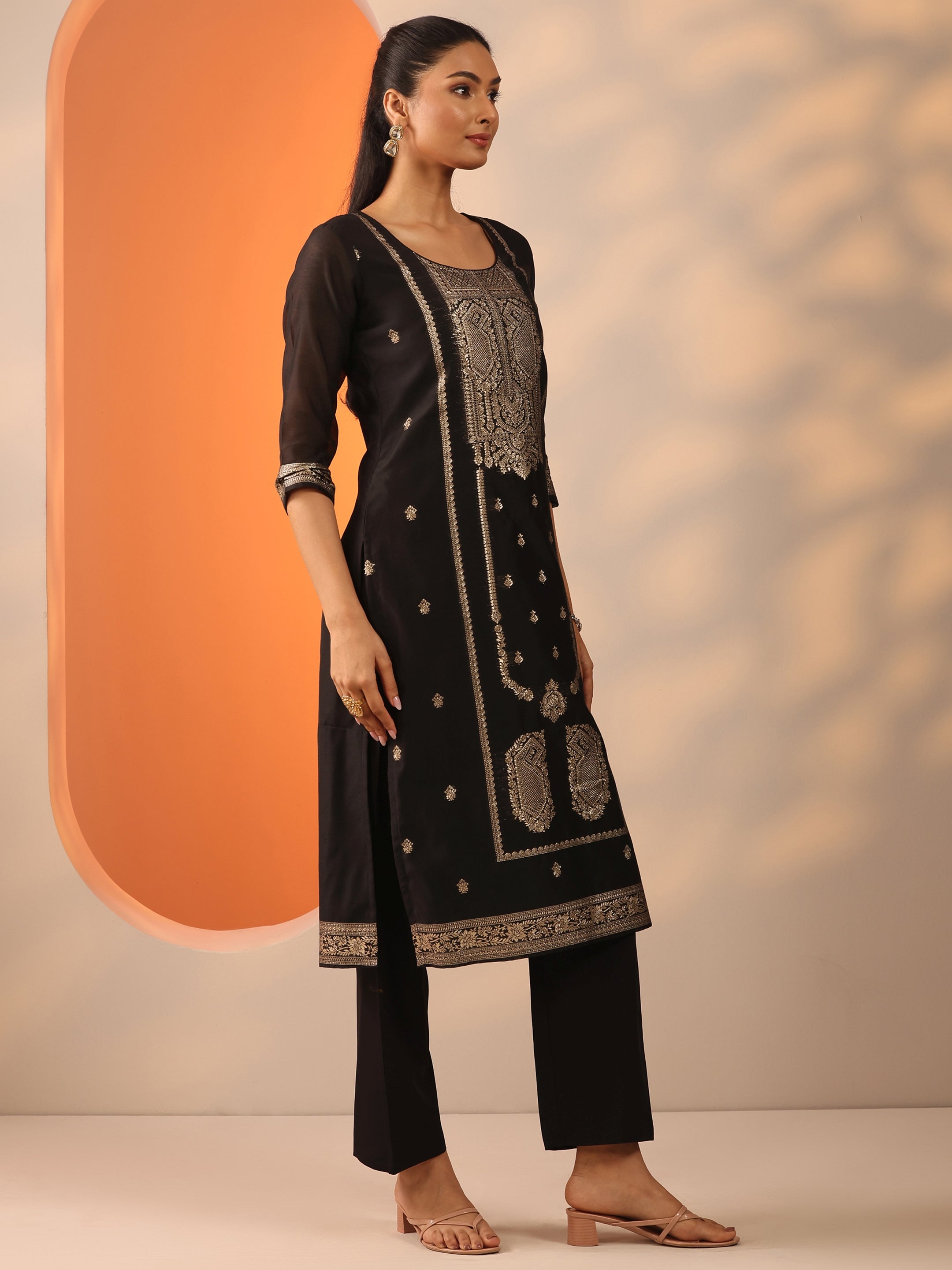 Black Ethnic Motif Silk Blend Straight Suit Set With Dupatta