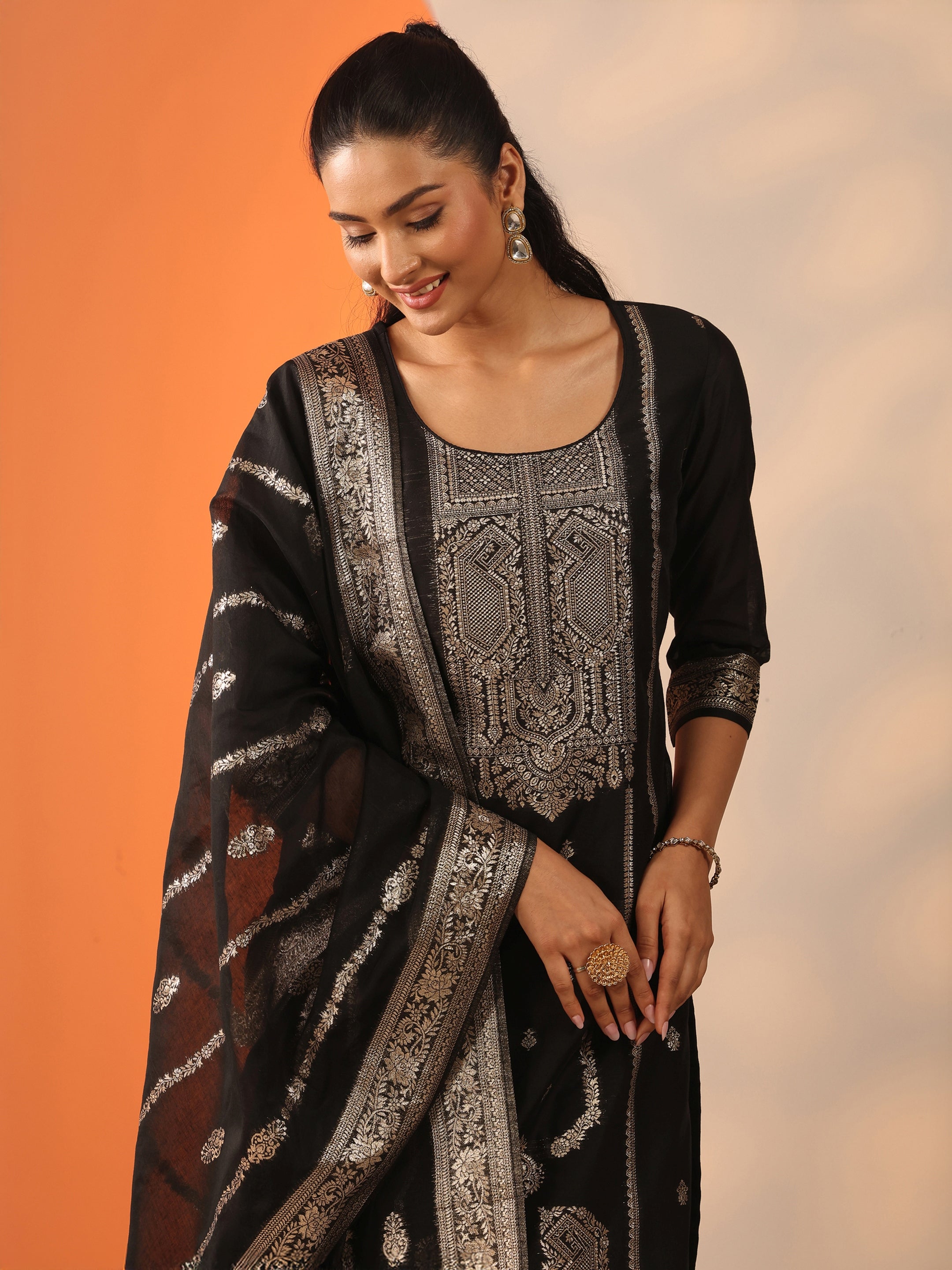 Black Ethnic Motif Silk Blend Straight Suit Set With Dupatta