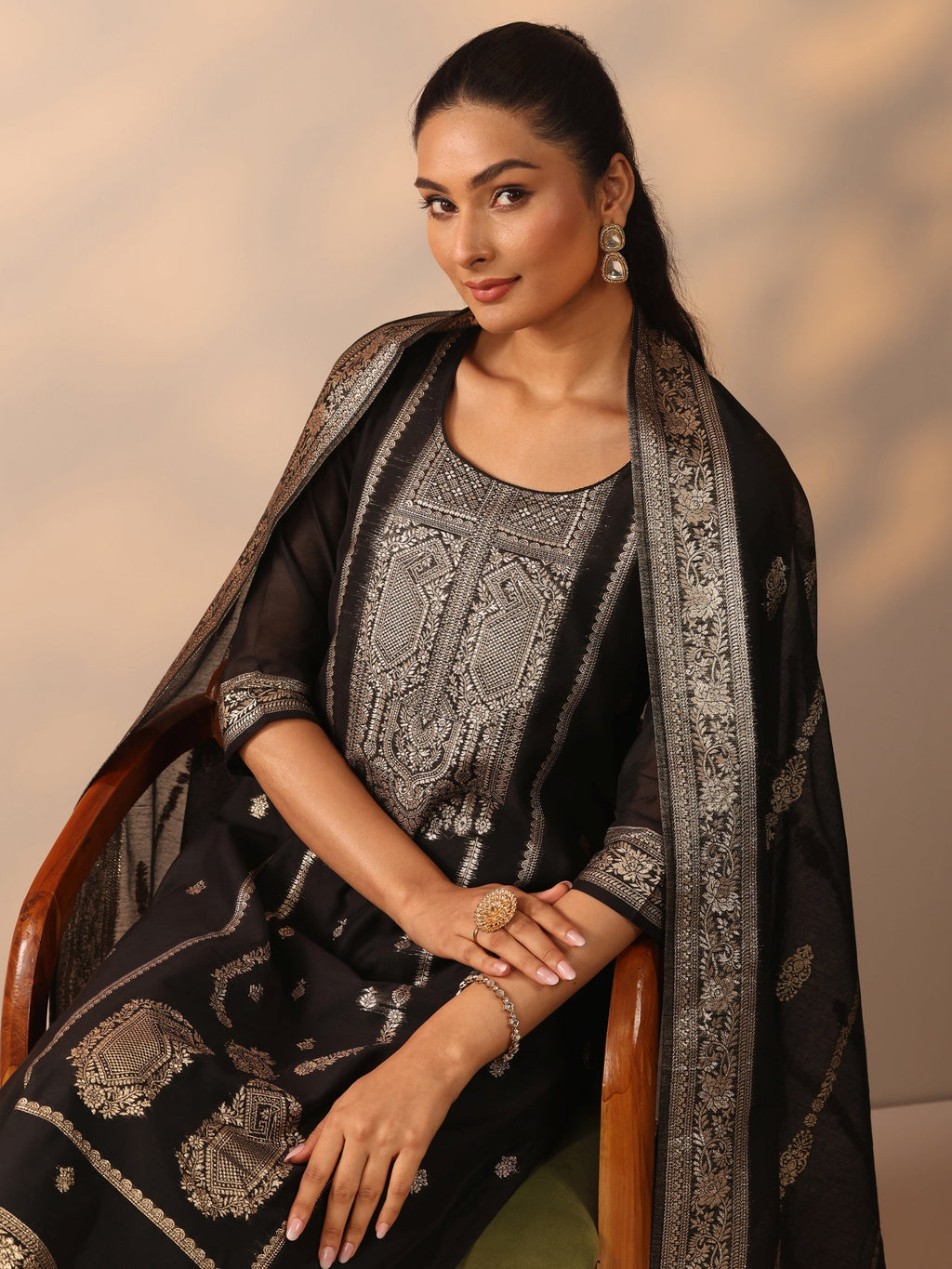 Black Ethnic Motif Silk Blend Straight Suit Set With Dupatta