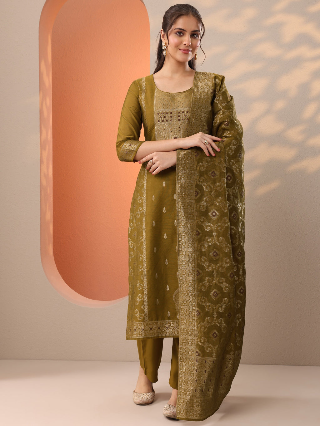 Mustard Woven Design Silk Blend Straight Suit Set With Dupatta