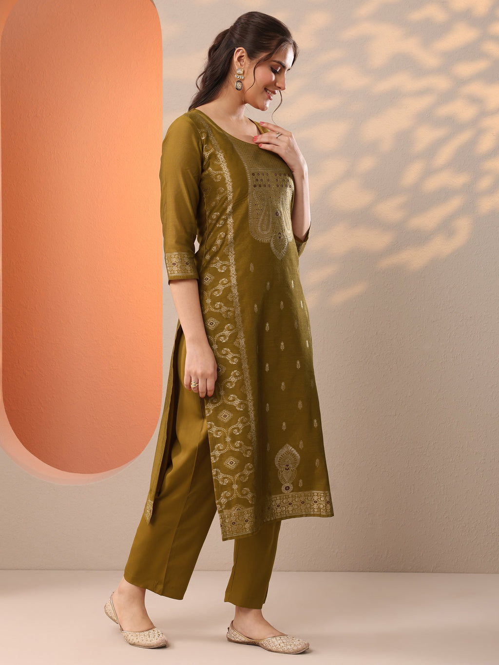 Mustard Woven Design Silk Blend Straight Suit Set With Dupatta