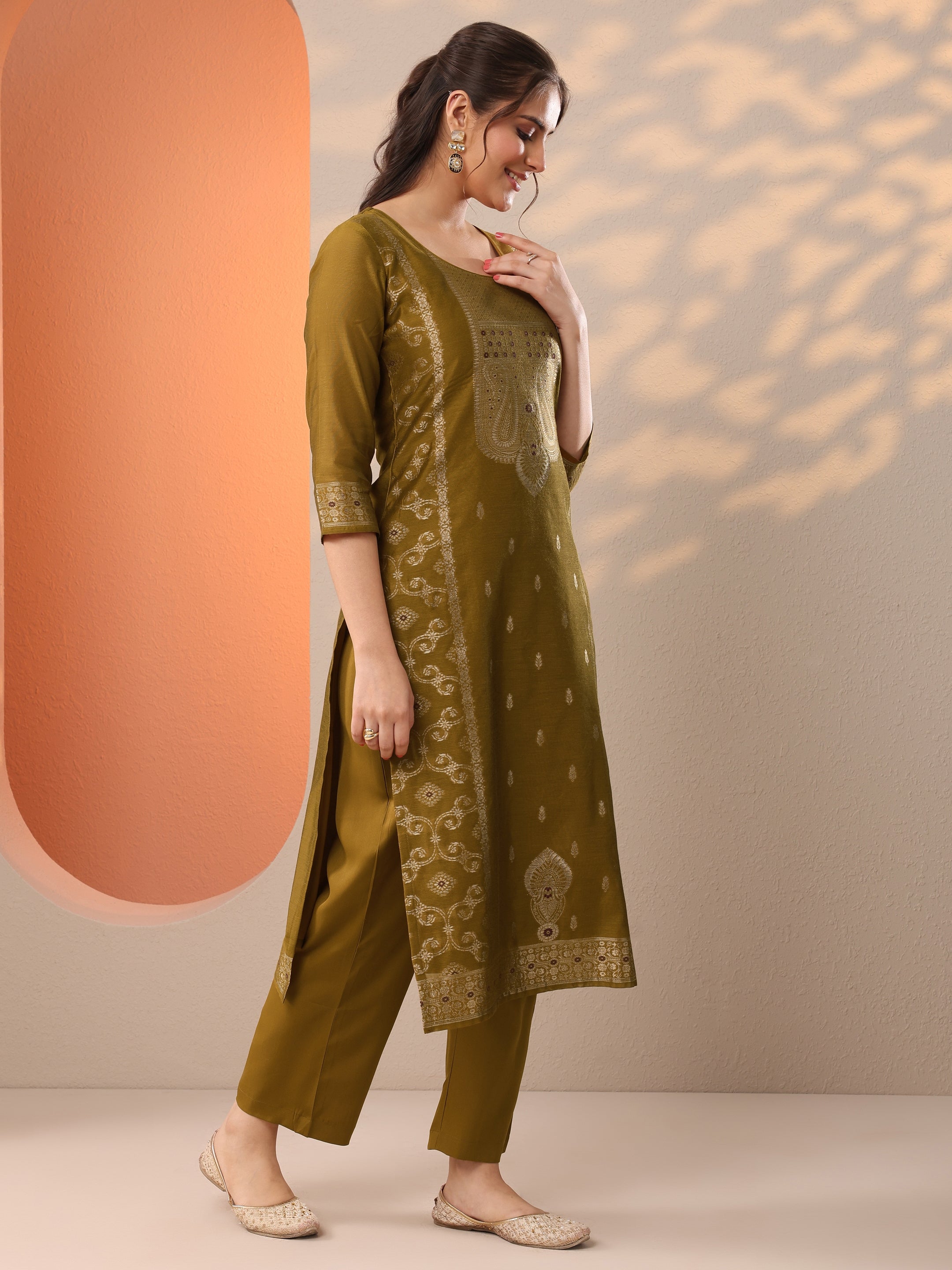 Mustard Woven Design Silk Blend Straight Suit Set With Dupatta