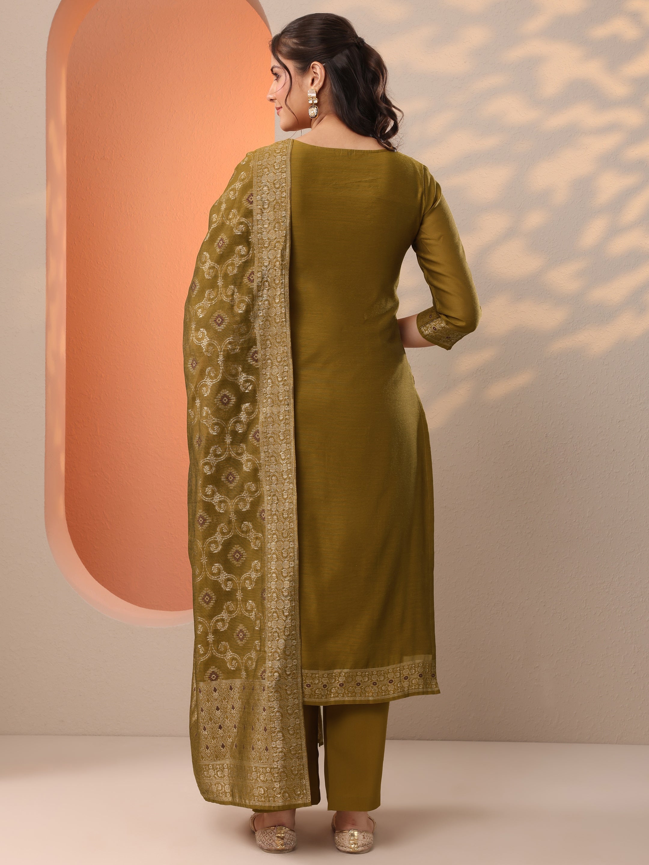 Mustard Woven Design Silk Blend Straight Suit Set With Dupatta