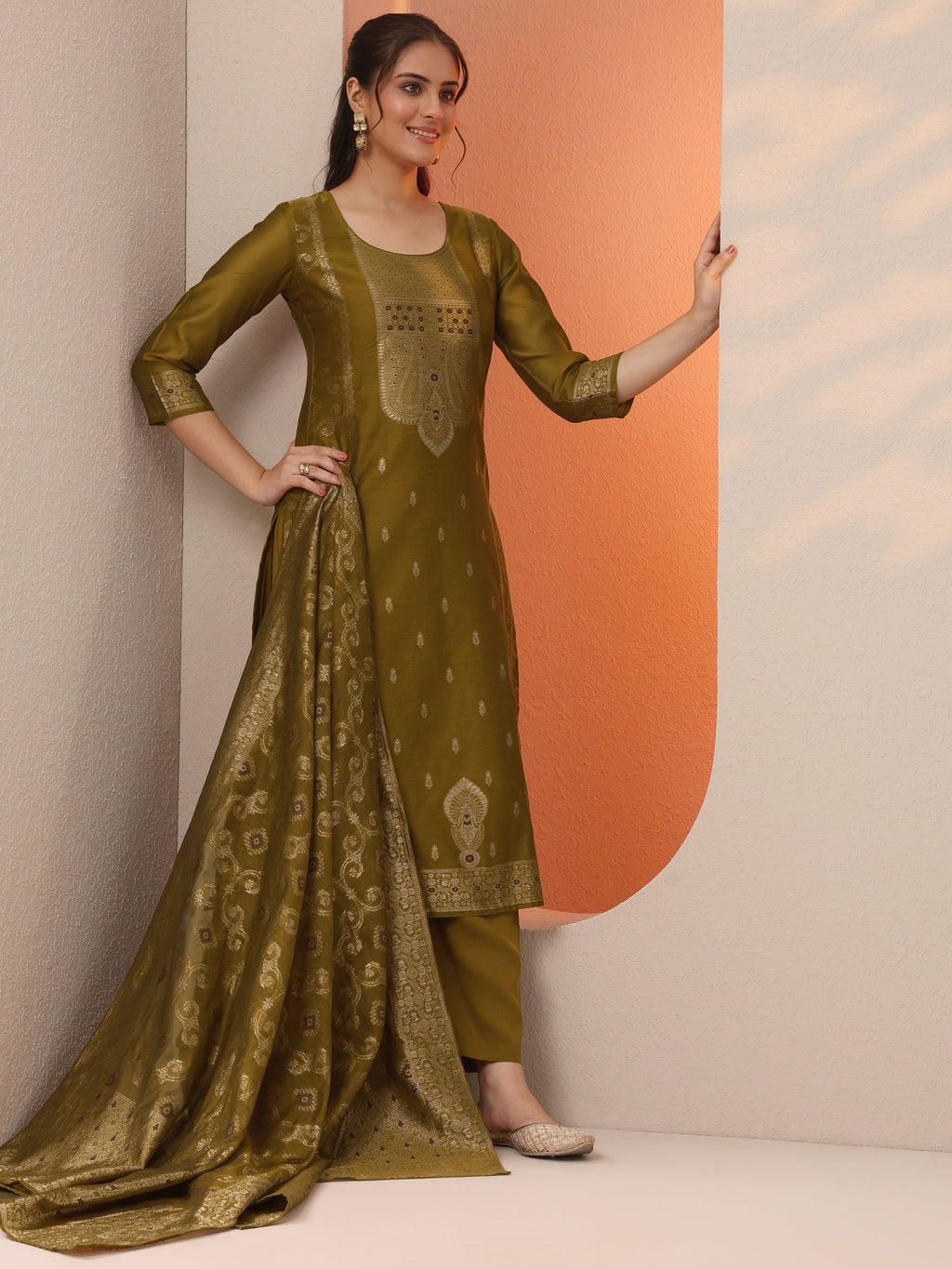 Mustard Woven Design Silk Blend Straight Suit Set With Dupatta