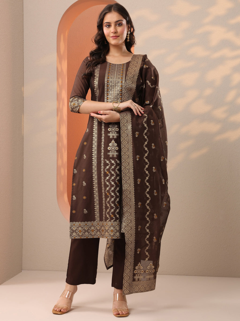 Brown Woven Design Silk Blend Straight Suit Set With Dupatta