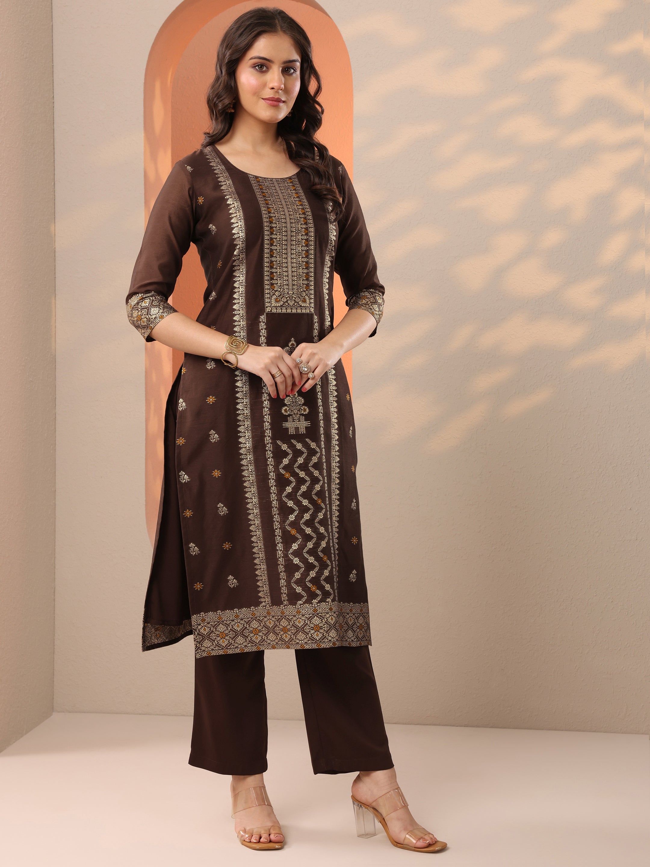 Brown Woven Design Silk Blend Straight Suit Set With Dupatta