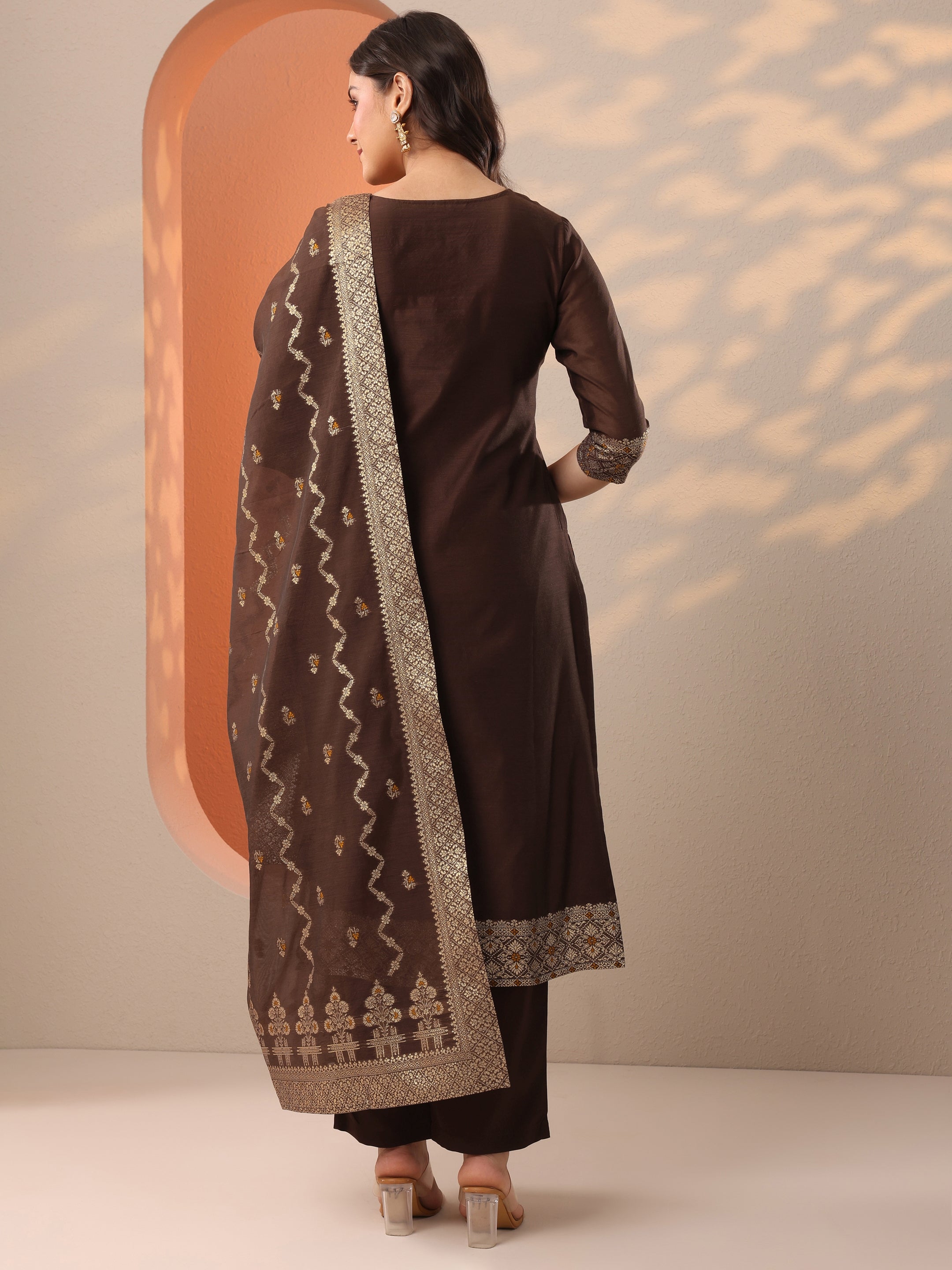 Brown Woven Design Silk Blend Straight Suit Set With Dupatta