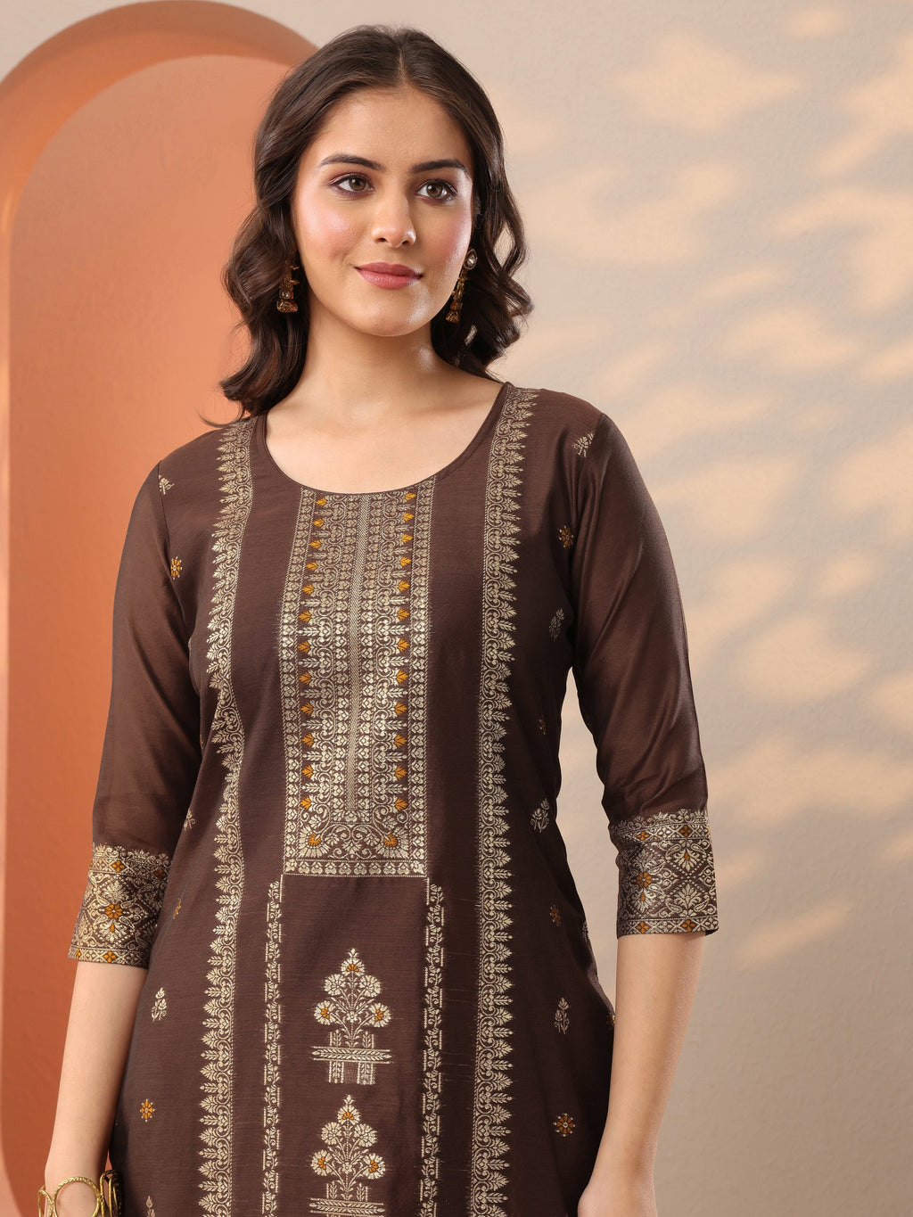 Brown Woven Design Silk Blend Straight Suit Set With Dupatta