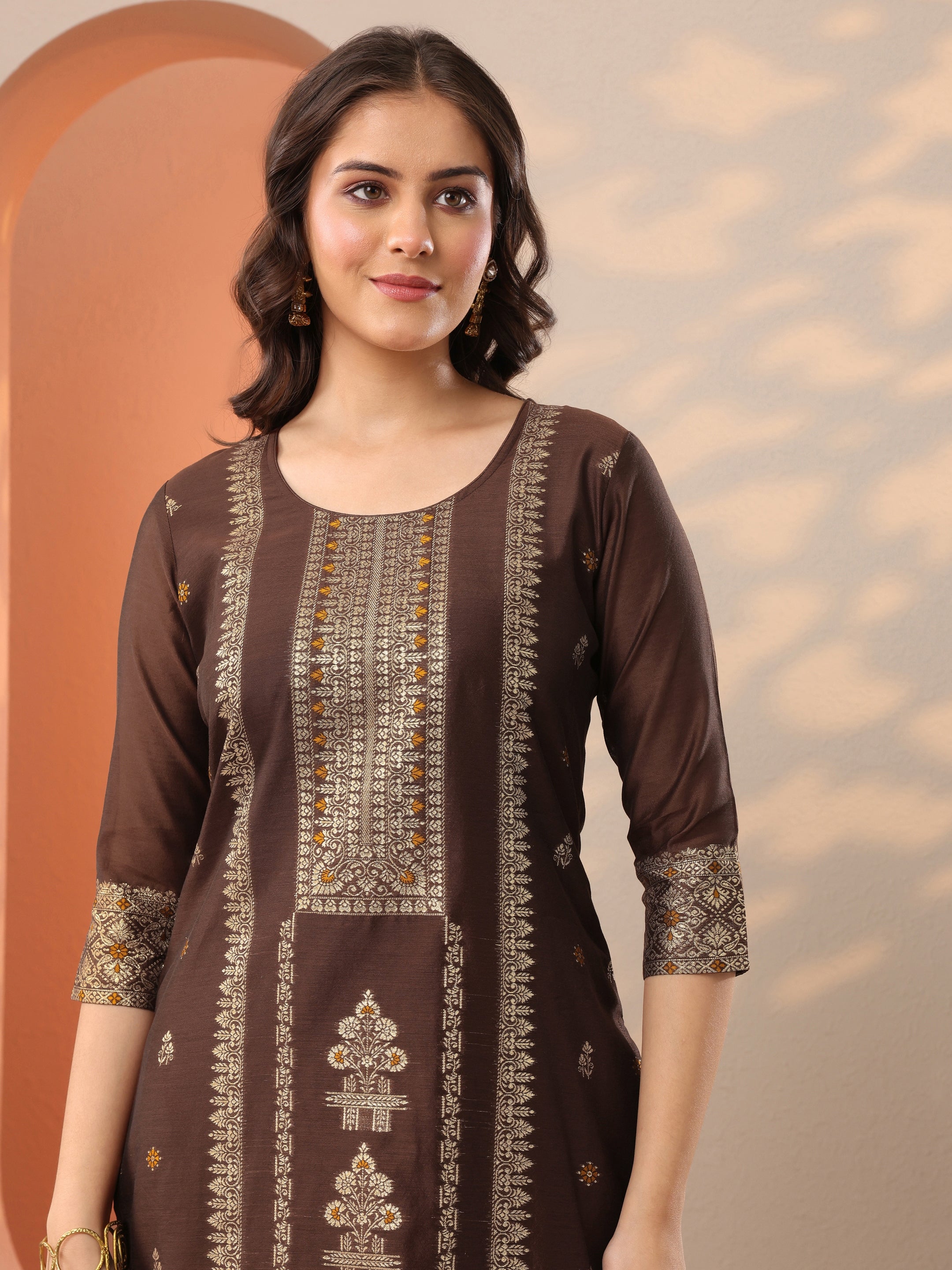 Brown Woven Design Silk Blend Straight Suit Set With Dupatta