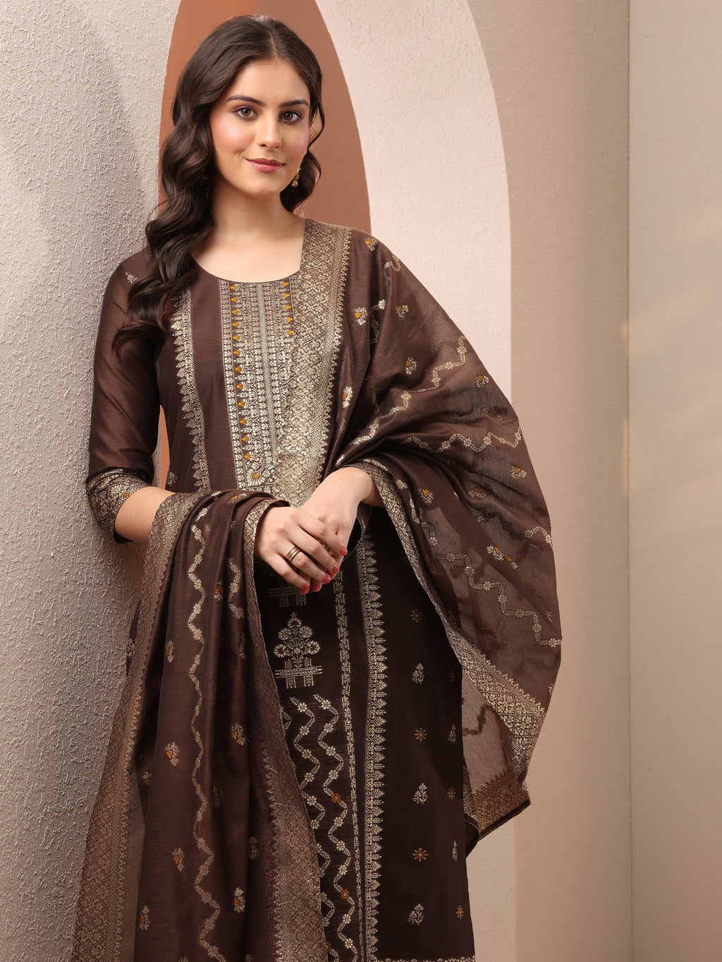 Brown Woven Design Silk Blend Straight Suit Set With Dupatta