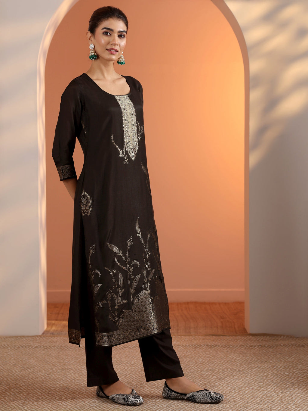 Black Woven Design Silk Blend Straight Suit Set With Dupatta