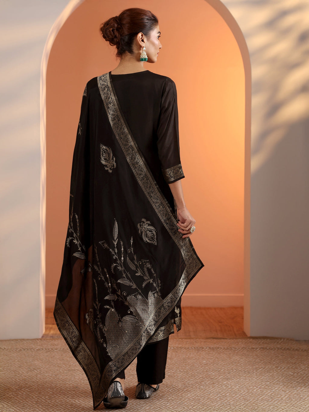 Black Woven Design Silk Blend Straight Suit Set With Dupatta