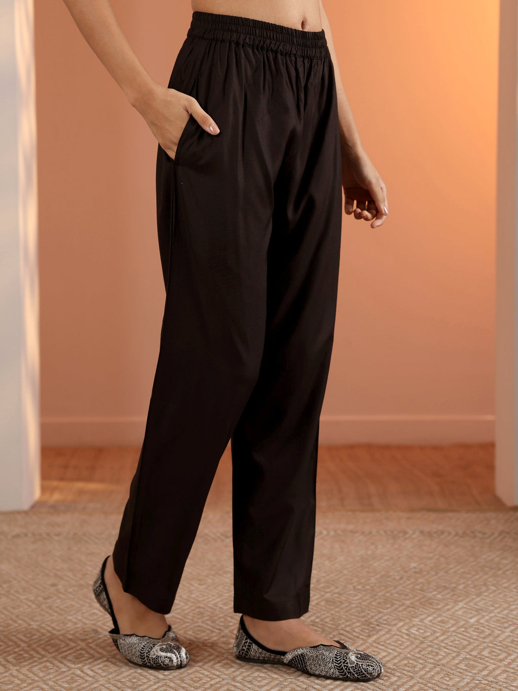 Black Woven Design Silk Blend Straight Suit Set With Dupatta