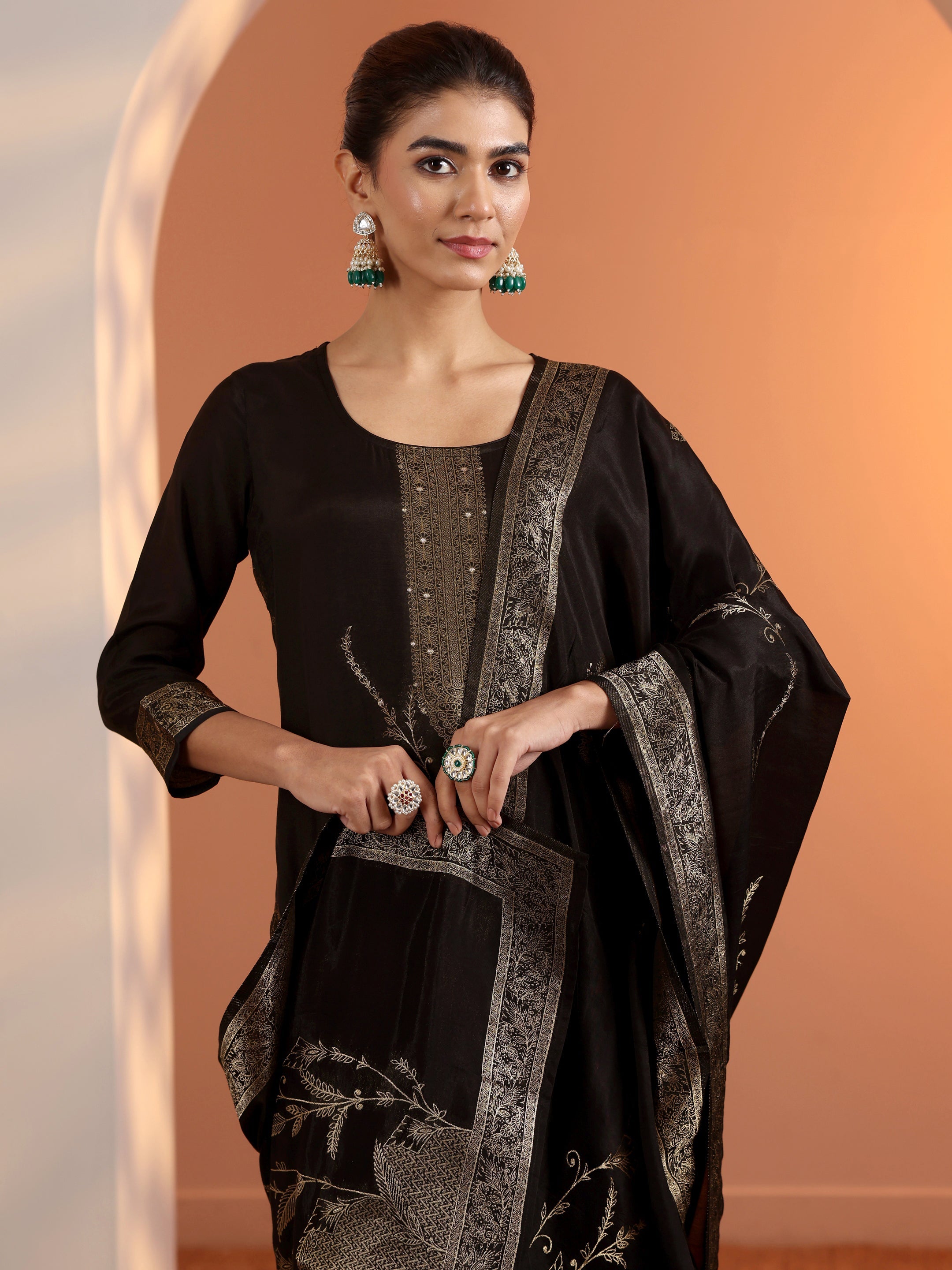 Black Woven Design Silk Blend Straight Suit Set With Dupatta