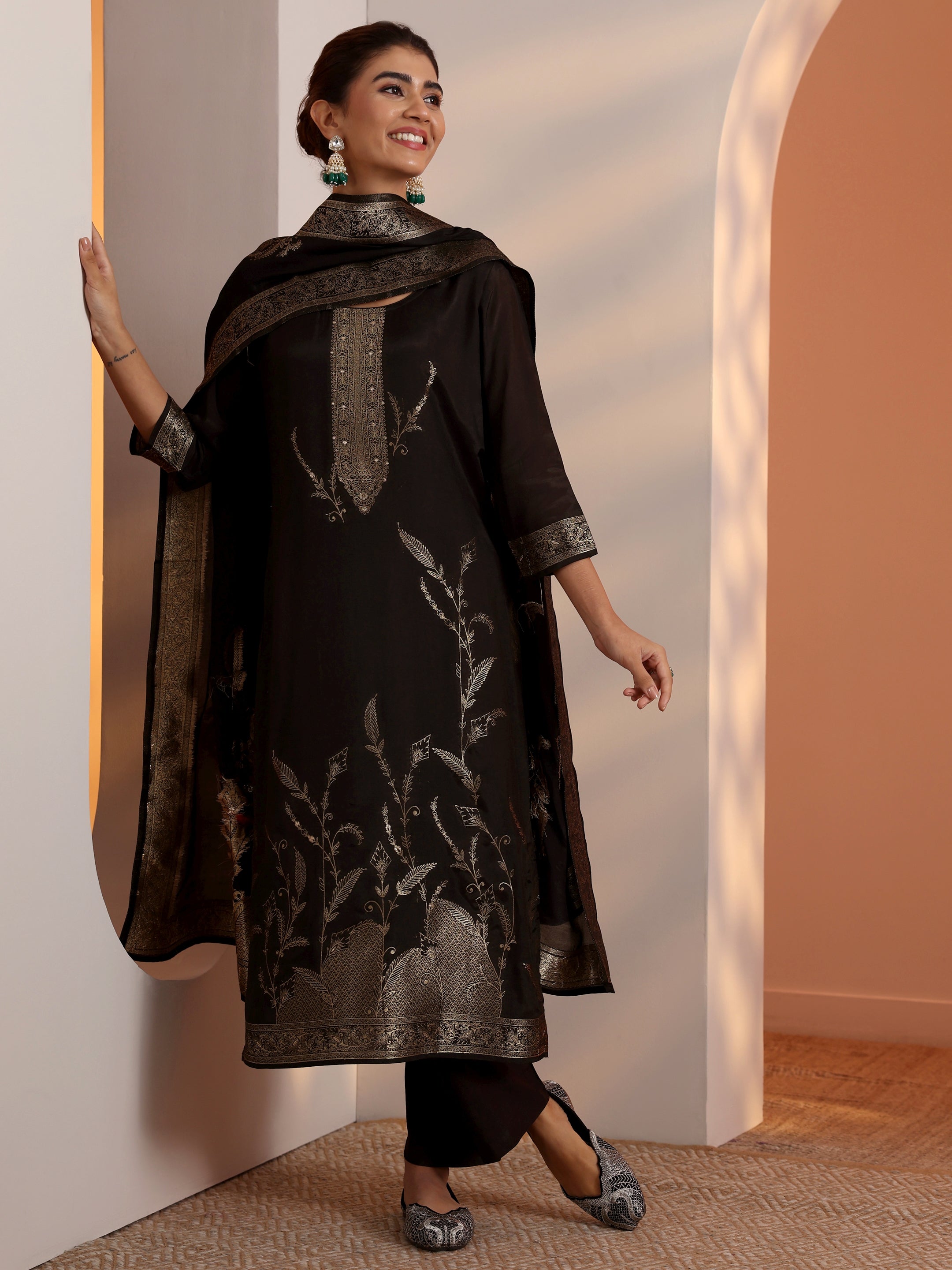 Black Woven Design Silk Blend Straight Suit Set With Dupatta