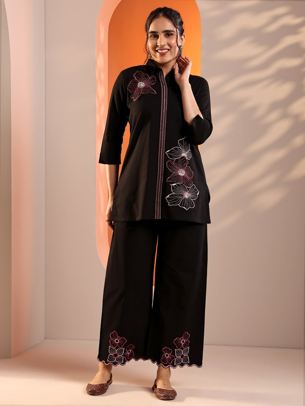 Black Embroidered cotton blend Co-Ord Sets