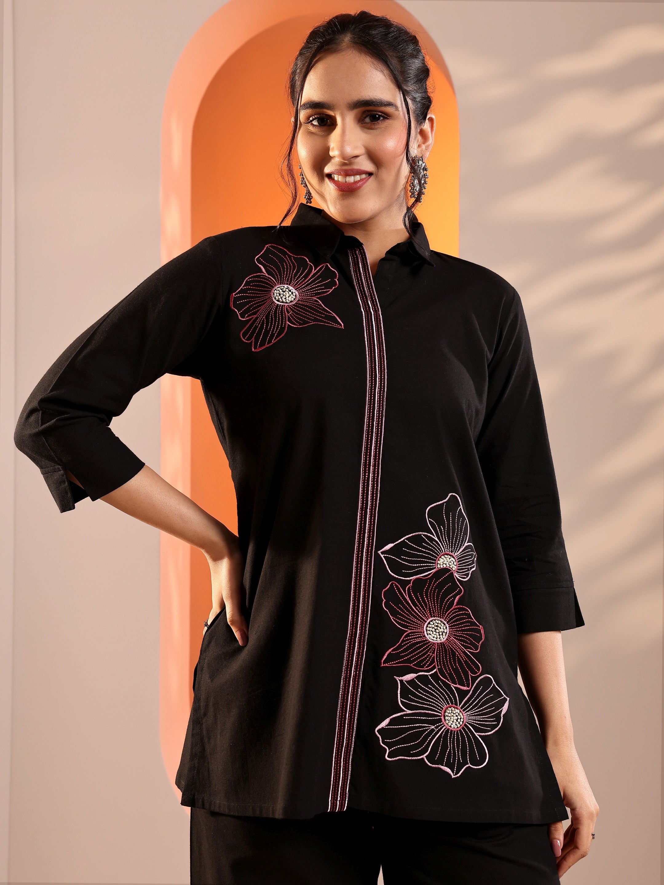 Black Embroidered cotton blend Co-Ord Sets