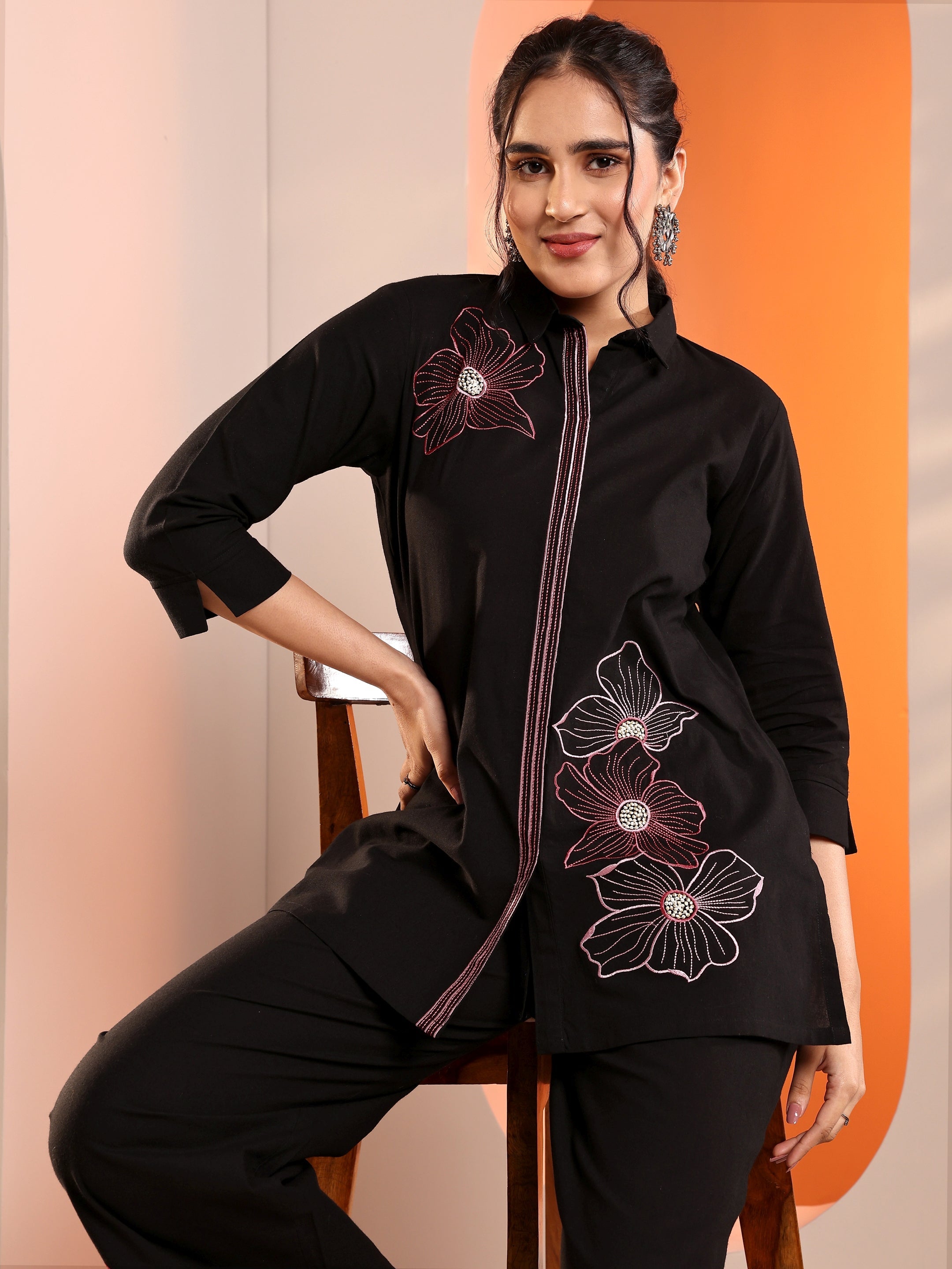 Black Embroidered cotton blend Co-Ord Sets