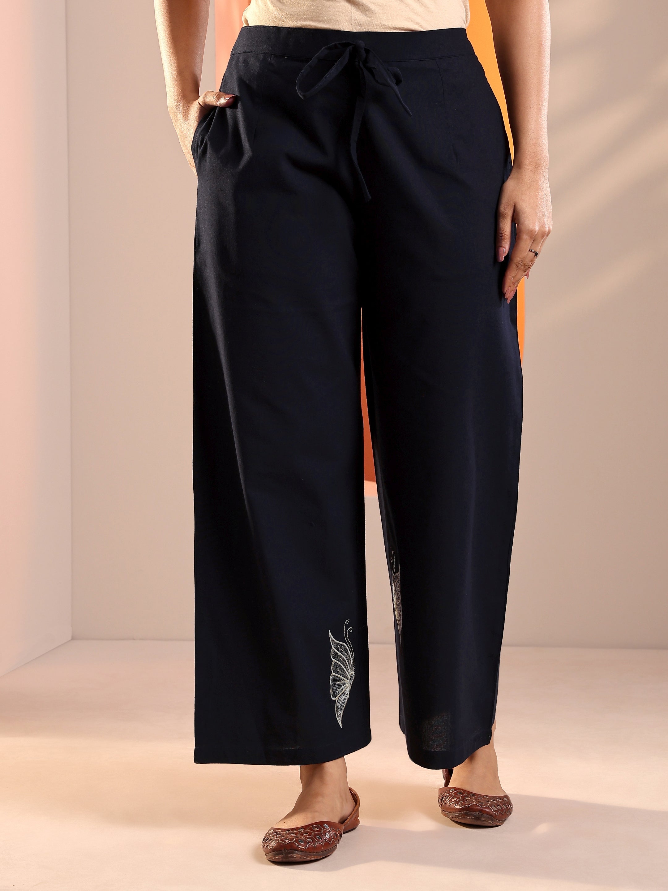 Navy Blue Embroidered Cotton Blend Co-Ord Sets