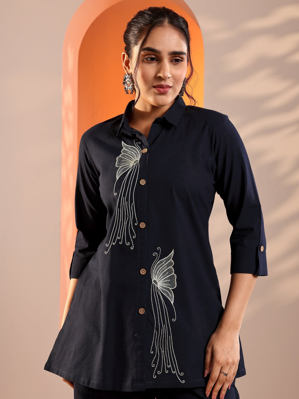 Navy Blue Embroidered Cotton Blend Co-Ord Sets