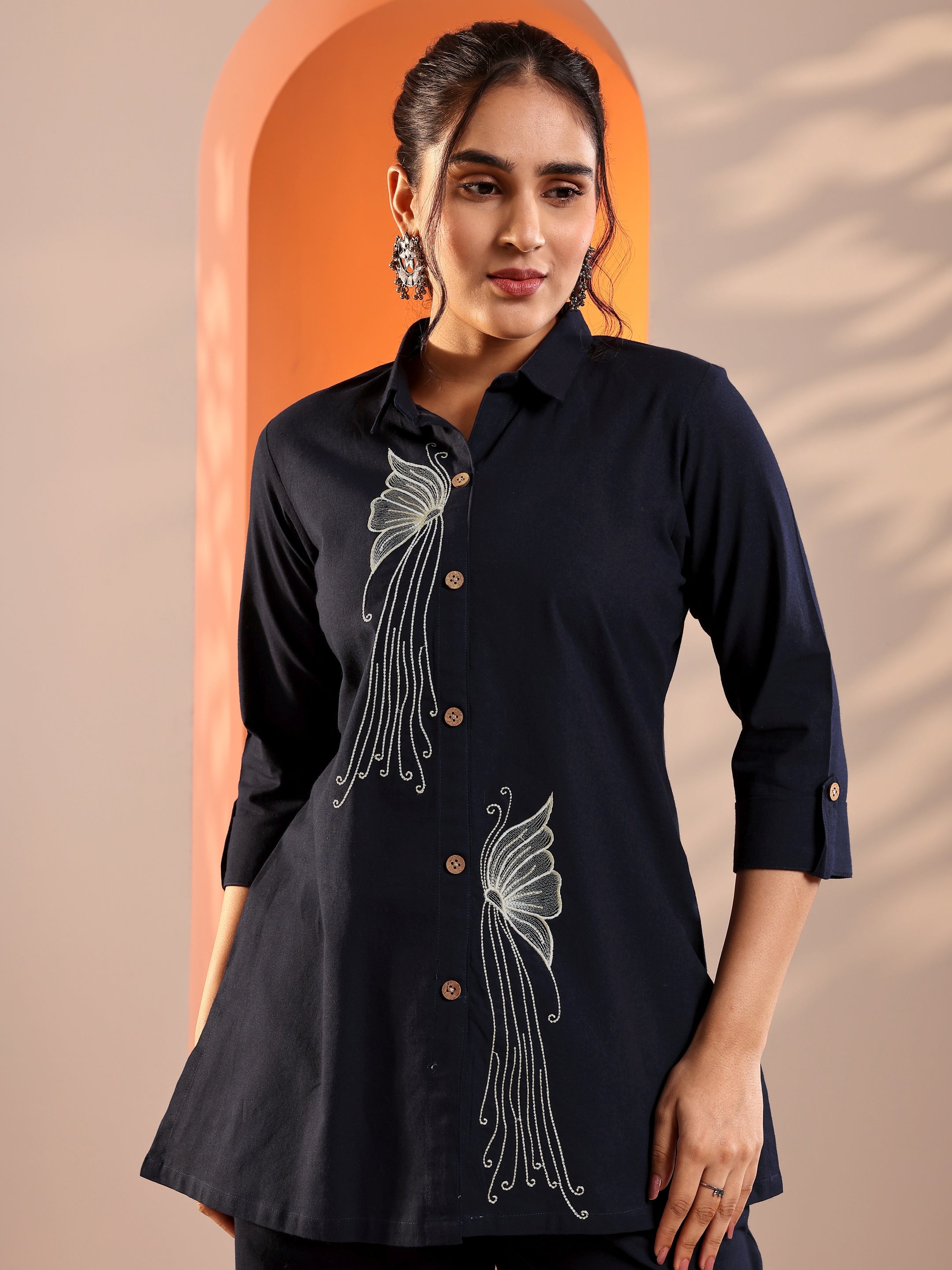Navy Blue Embroidered Cotton Blend Co-Ord Sets