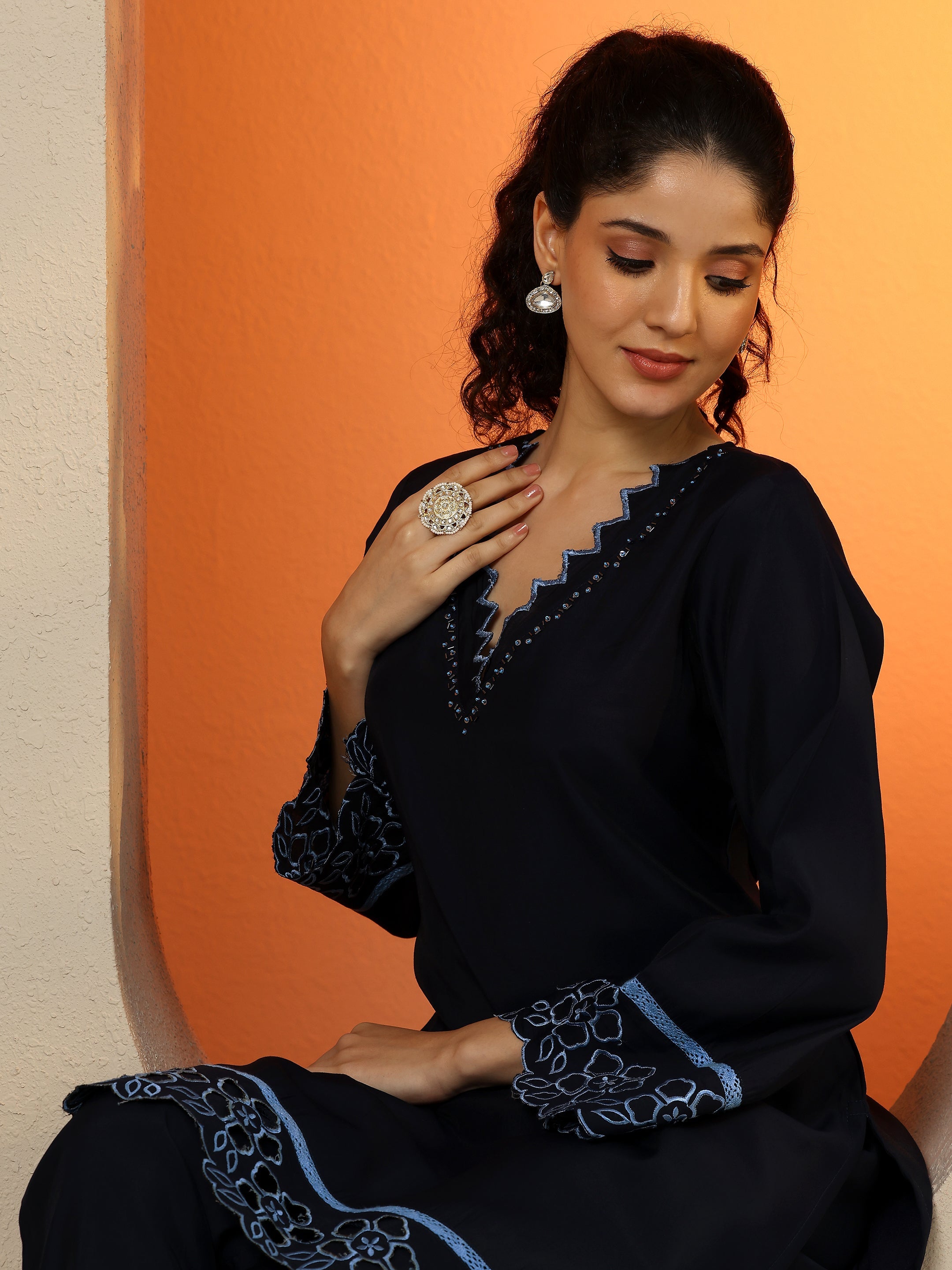 Navy Blue Solid Silk Blend Co-Ord Sets