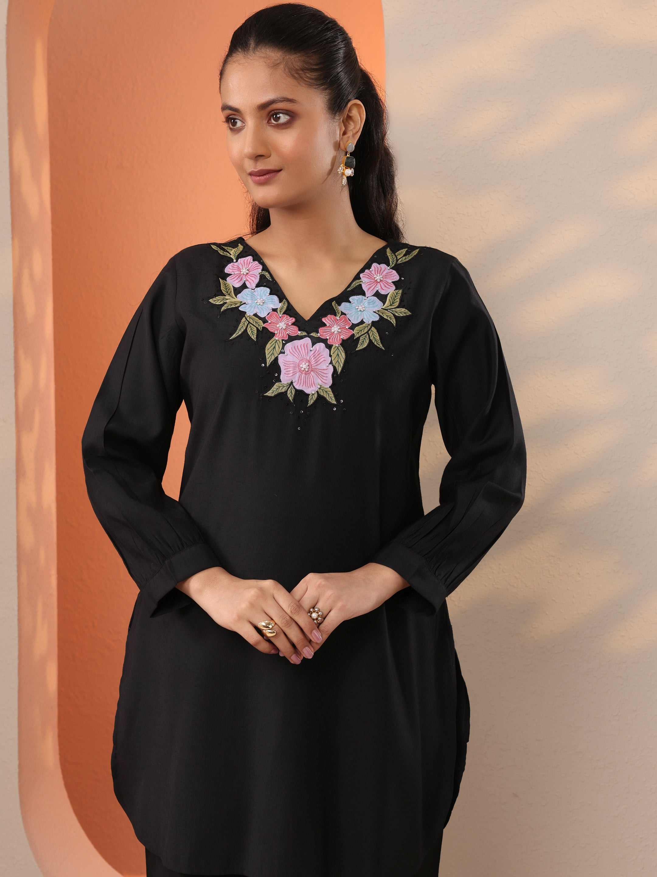 Black Embroidered Silk Blend Co-Ord Sets