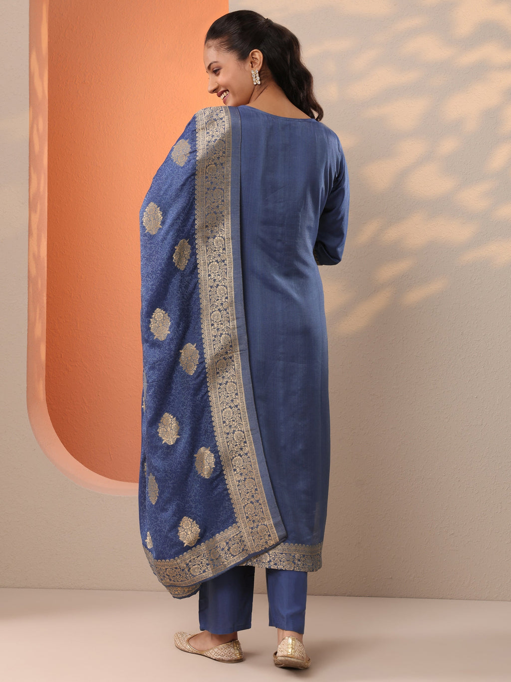 Blue Woven Design Silk Blend Straight Suit Set With Dupatta