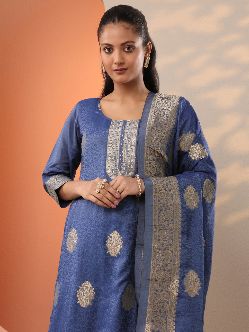 Blue Woven Design Silk Blend Straight Suit Set With Dupatta