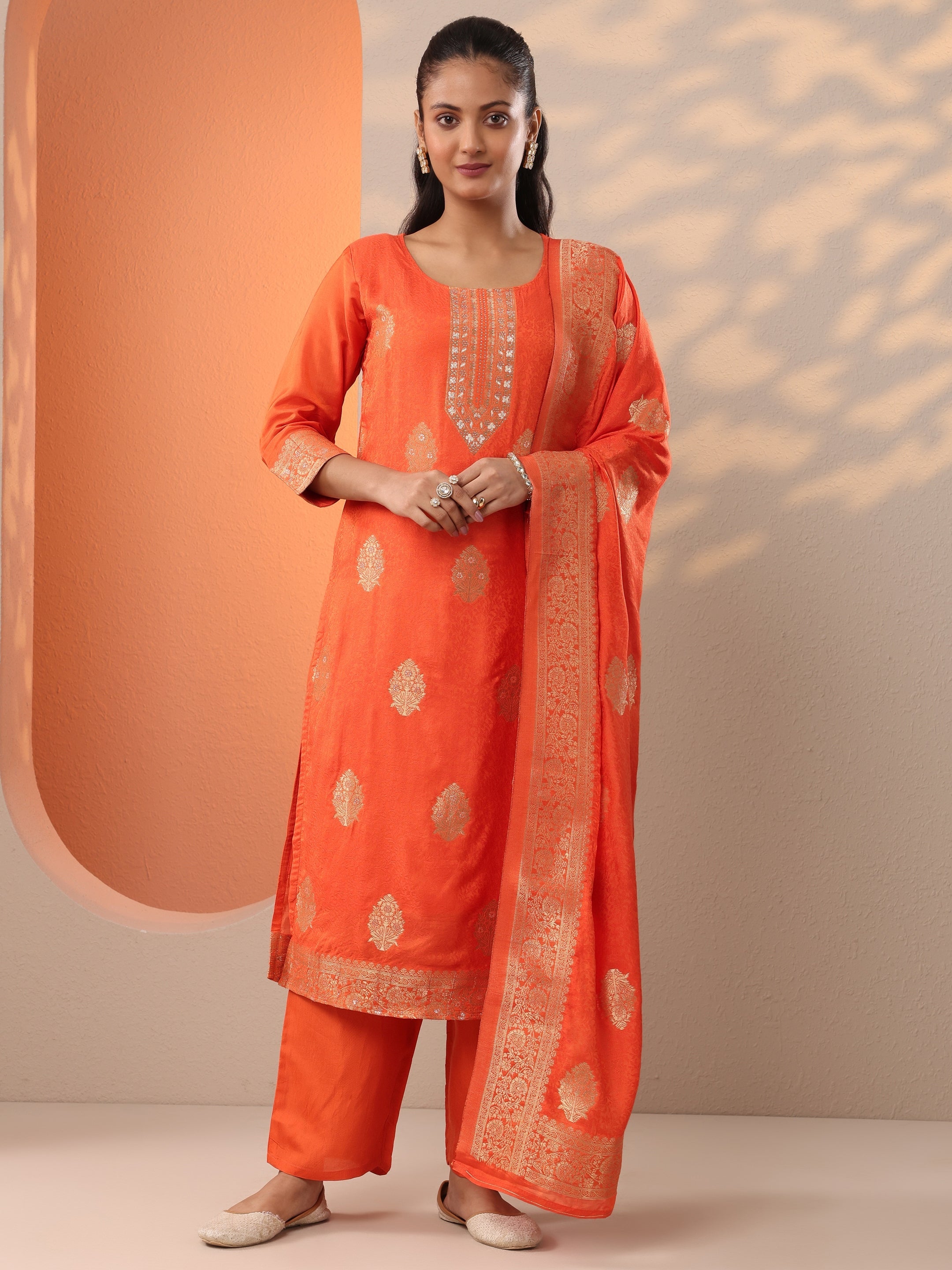 Orange Woven Design Silk Blend Straight Suit Set With Dupatta