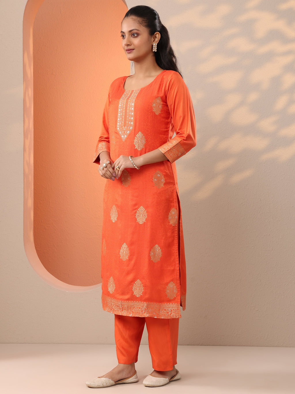 Orange Woven Design Silk Blend Straight Suit Set With Dupatta