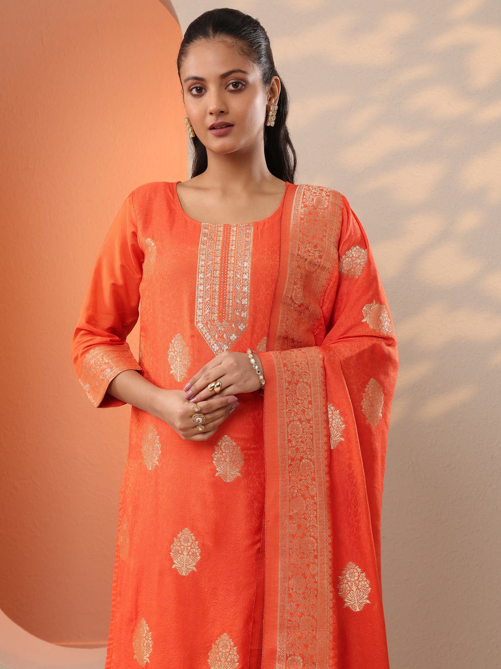 Orange Woven Design Silk Blend Straight Suit Set With Dupatta