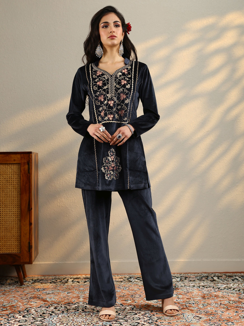 Grey Woven Design Velvet Co-Ord Sets