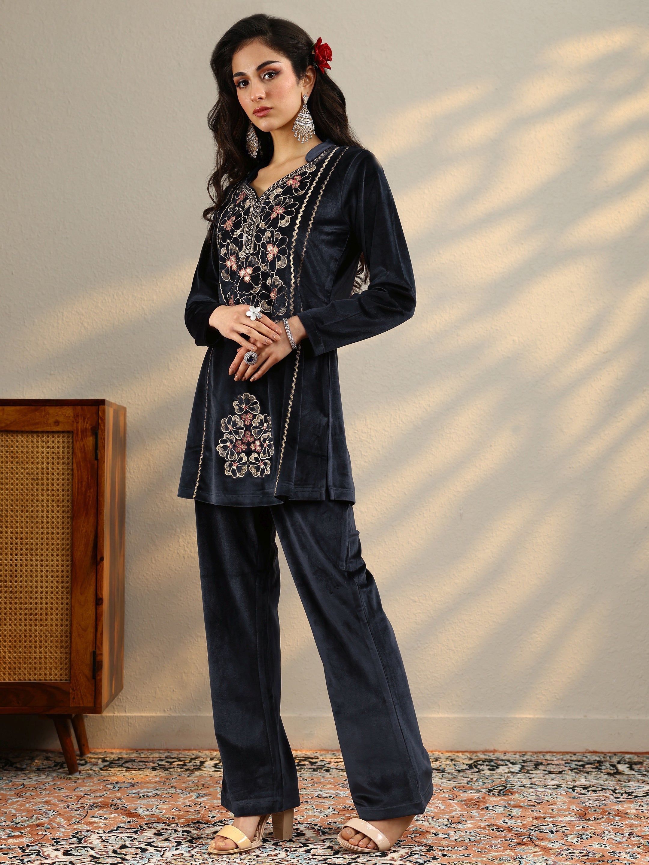 Grey Woven Design Velvet Co-Ord Sets