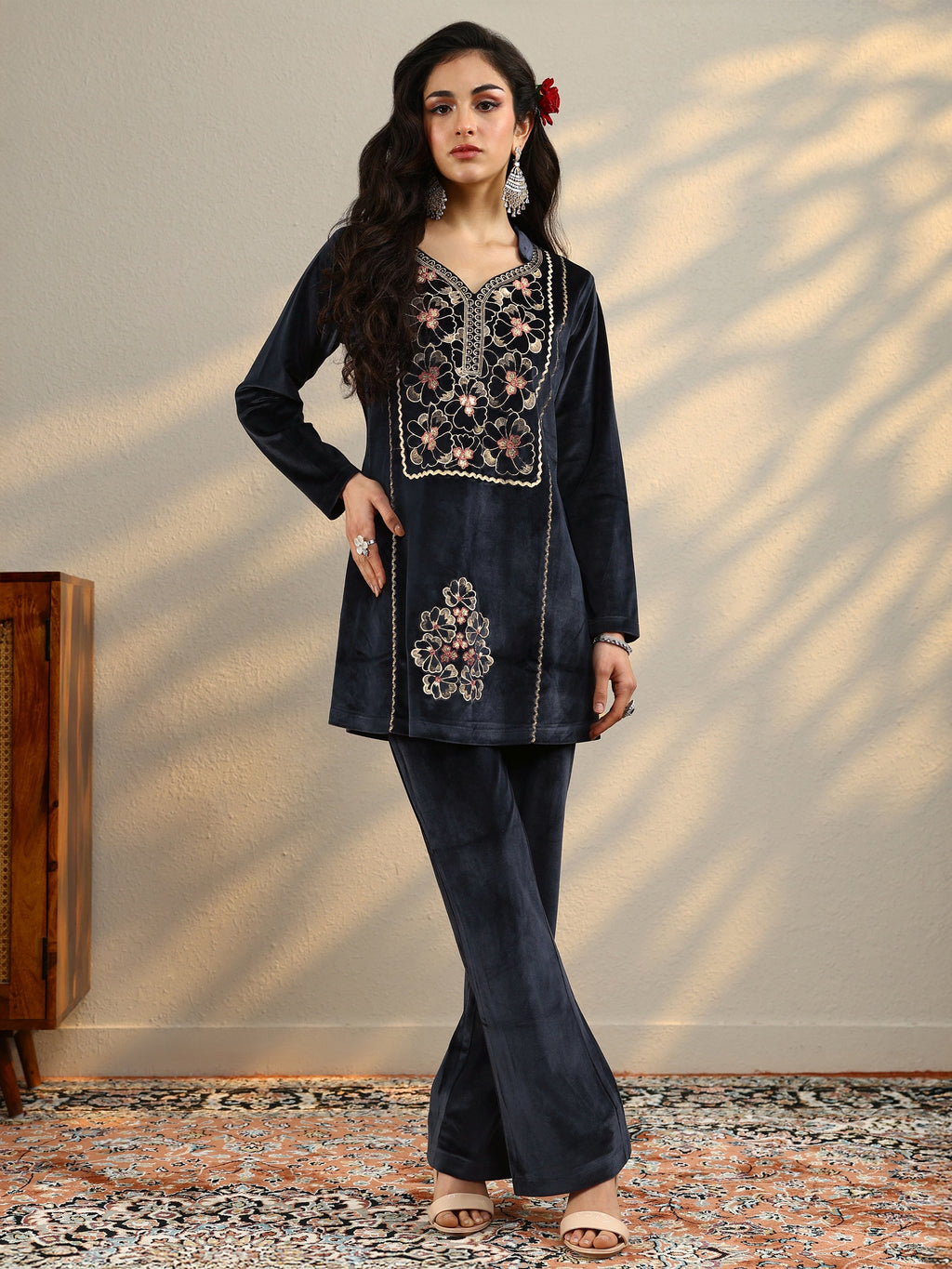 Grey Woven Design Velvet Co-Ord Sets