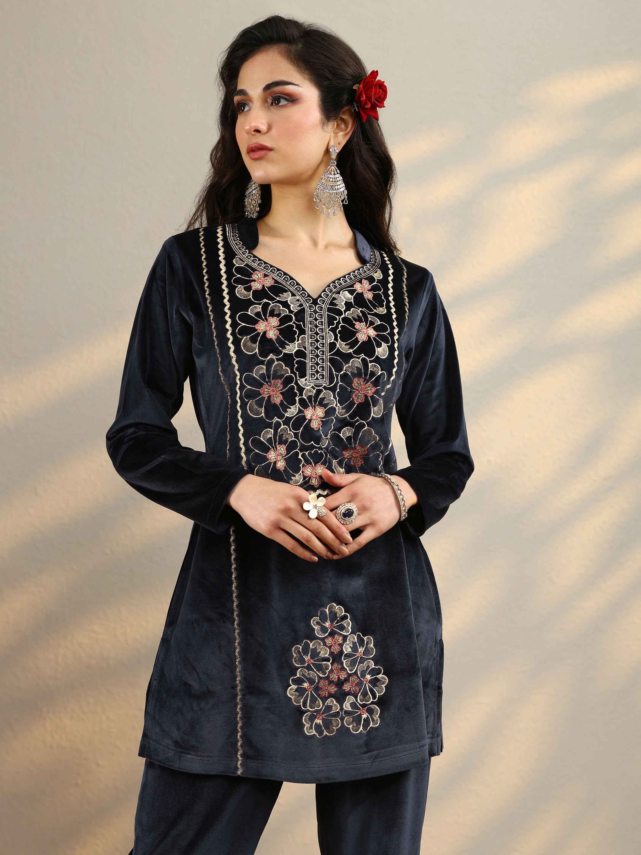 Grey Woven Design Velvet Co-Ord Sets