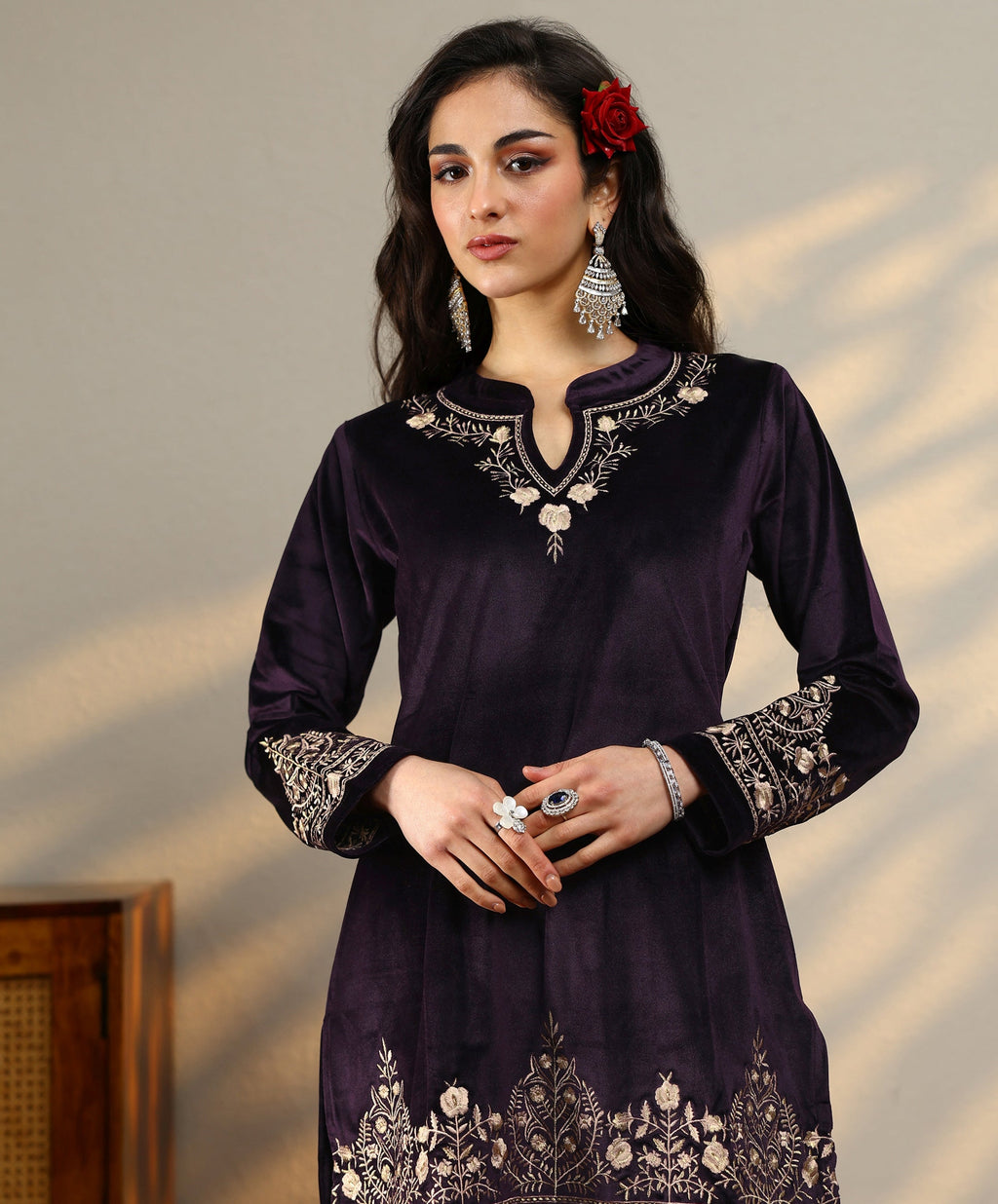 Burgundy Woven Design Velvet Co-Ord Sets