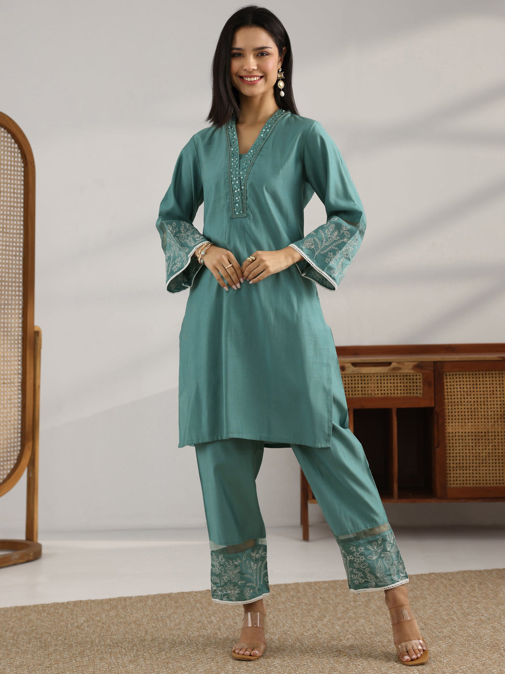 Grey Embroidered Silk Blend Co-Ord Set