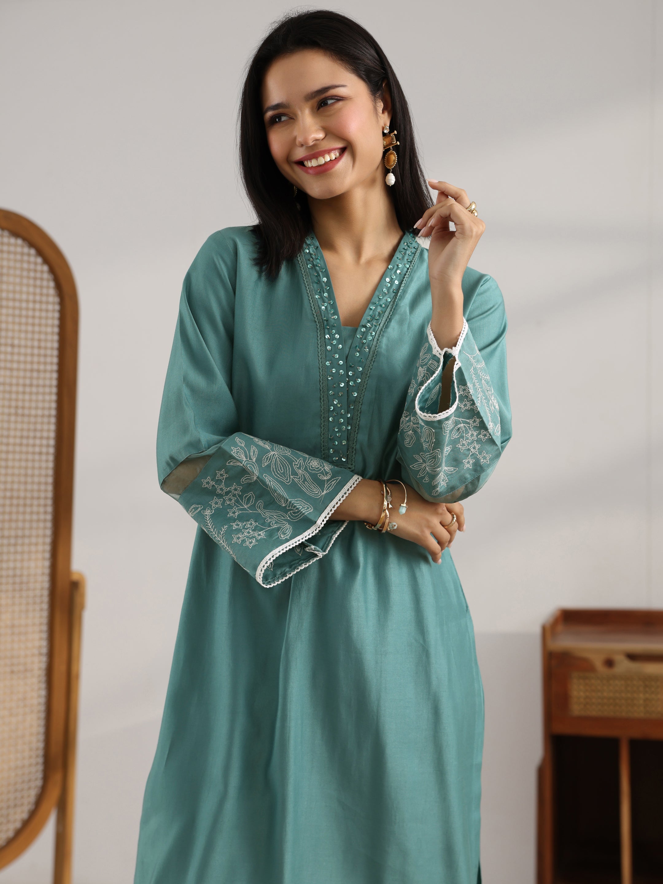 Grey Embroidered Silk Blend Co-Ord Set