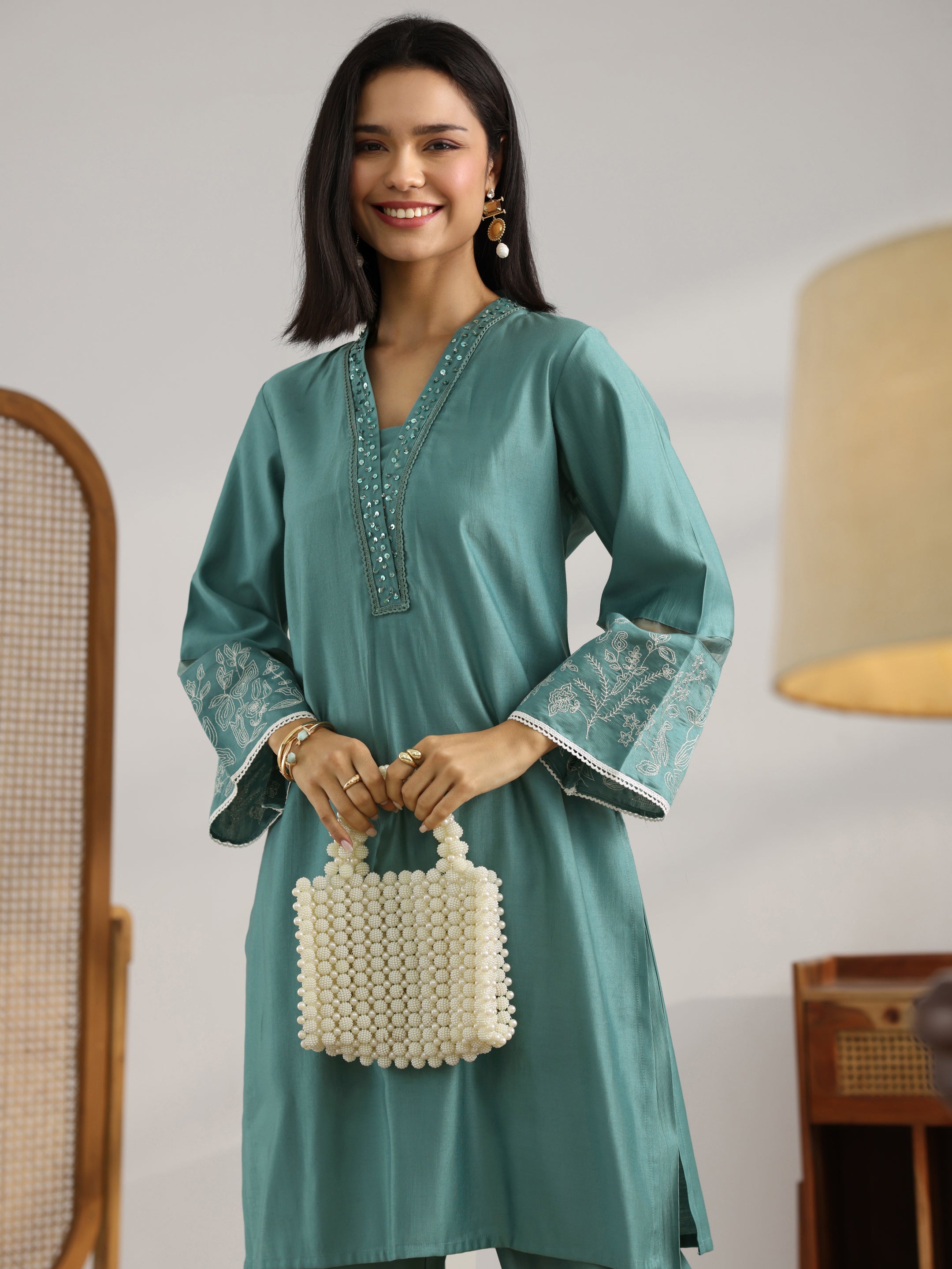 Grey Embroidered Silk Blend Co-Ord Set