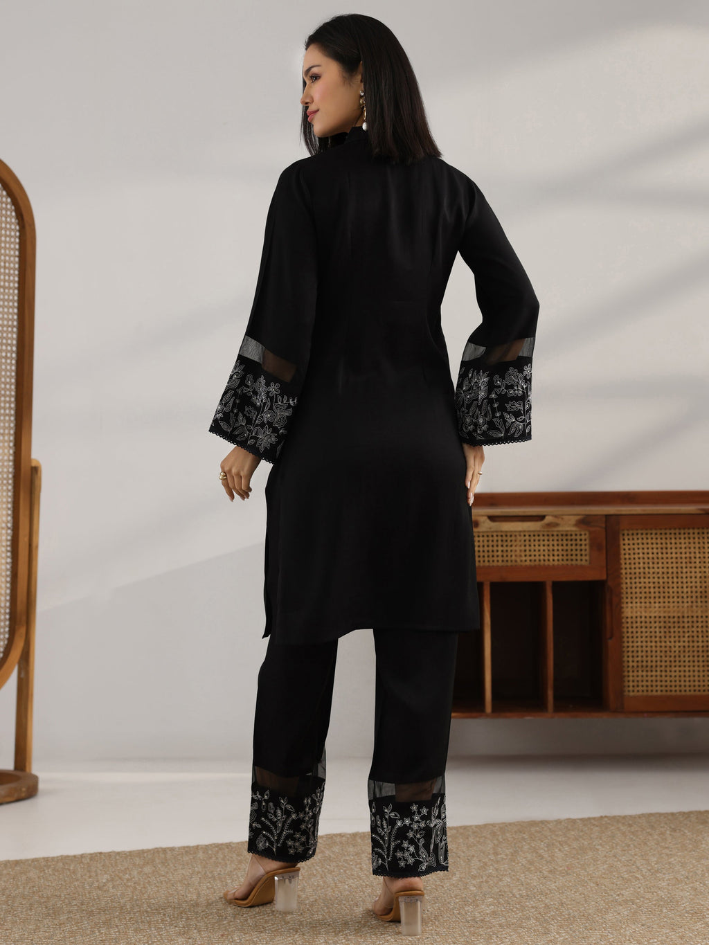 Black Embroidered Silk blend Co-Ord Sets