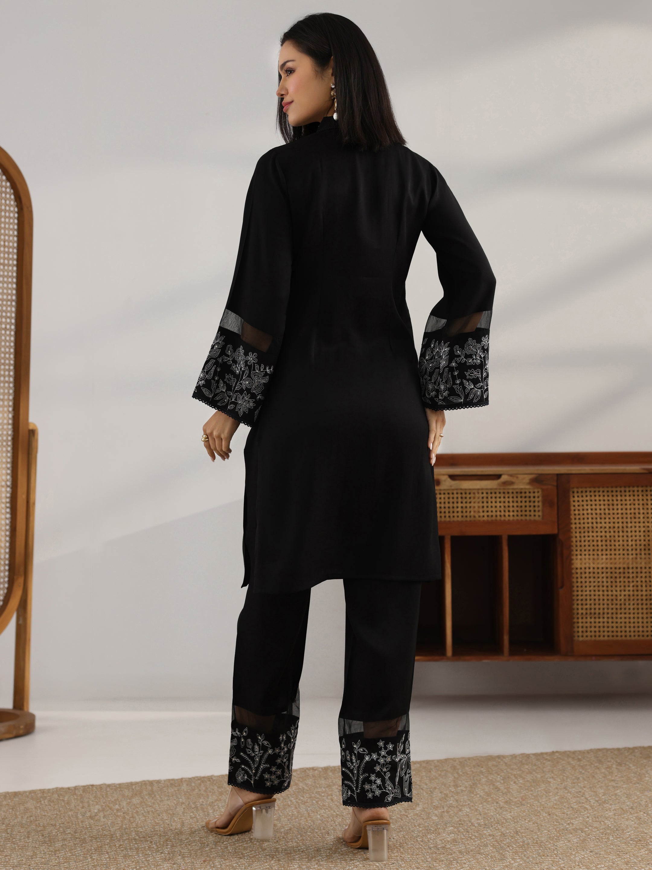 Black Embroidered Silk blend Co-Ord Sets