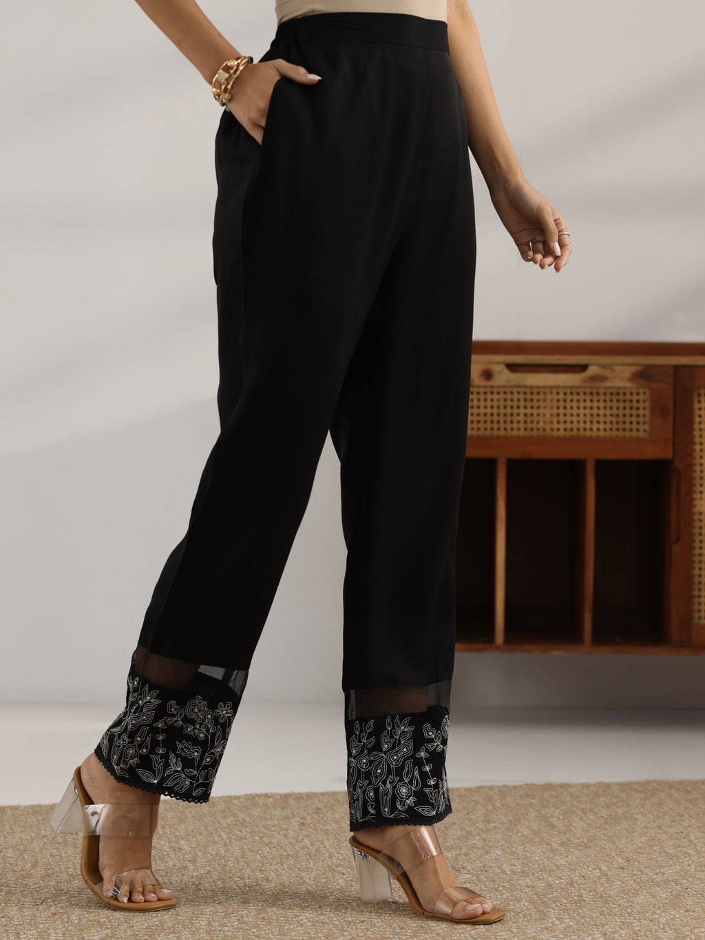 Black Embroidered Silk blend Co-Ord Sets