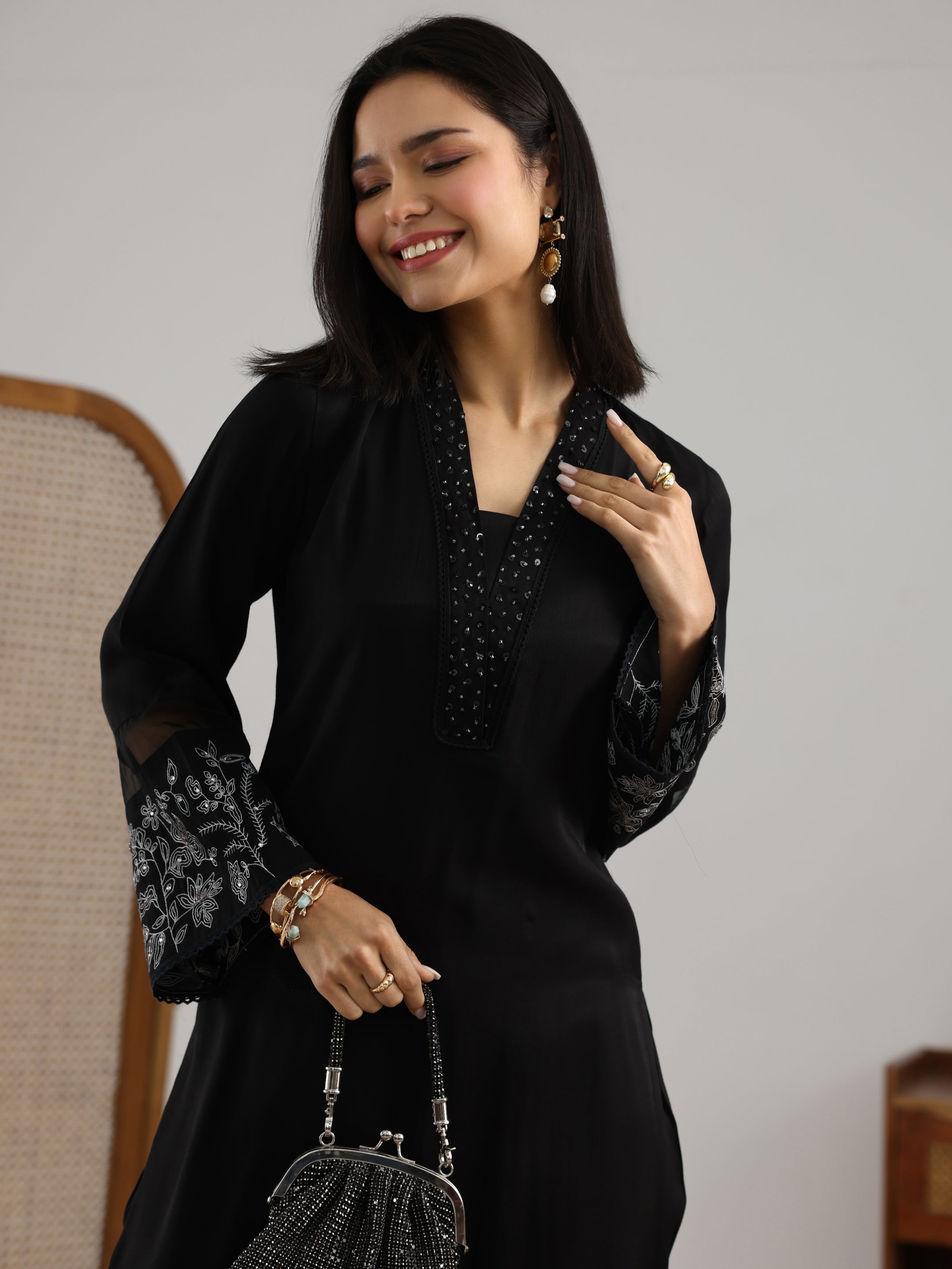 Black Embroidered Silk blend Co-Ord Sets