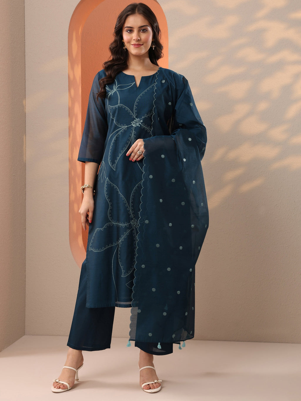 Navy Blue Embroidered Silk Blend Straight Suit Set With Dupatta
